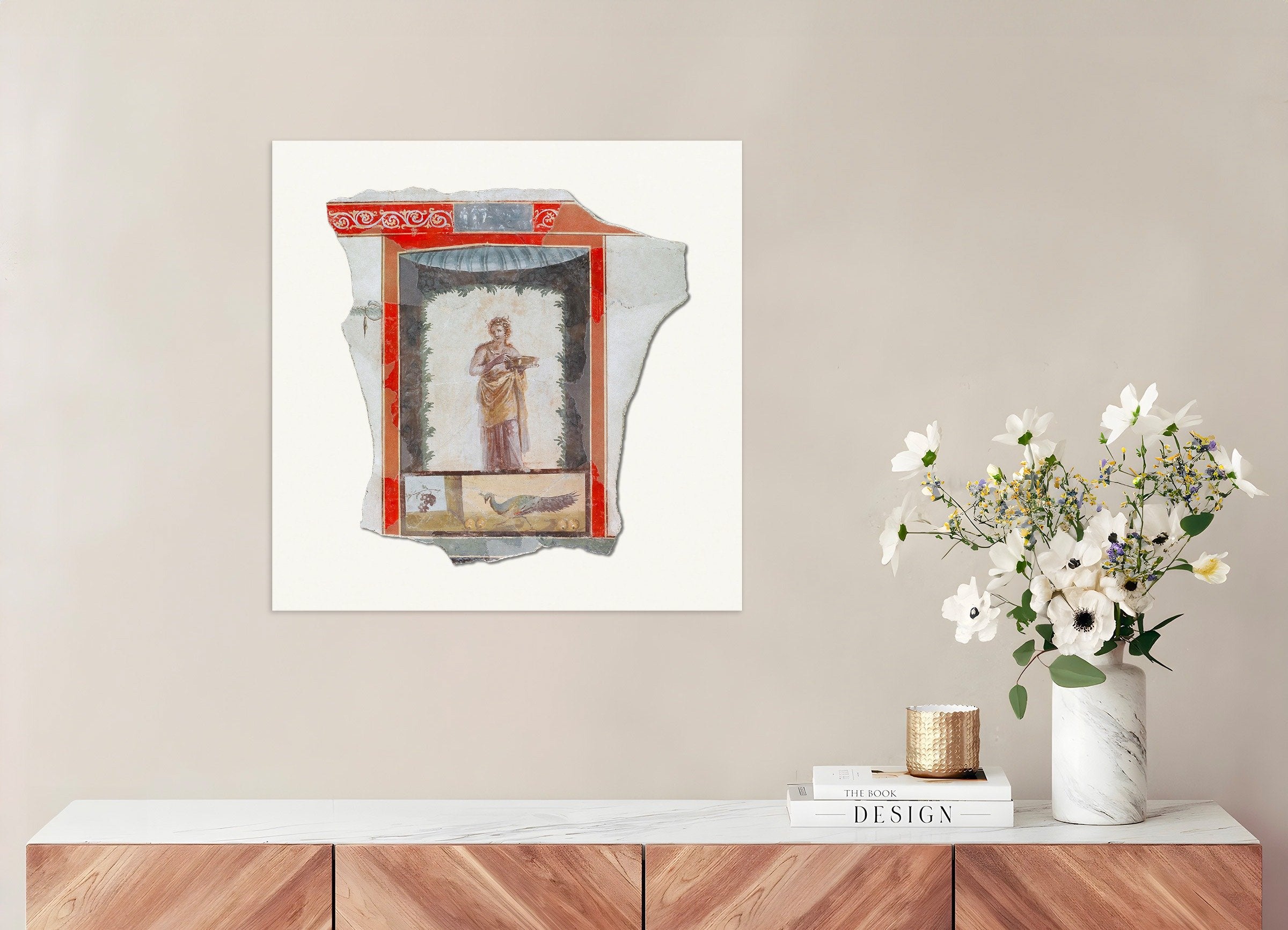 Poster of Pompeii Fresco Fragment with Maenad and Peacock Art Print