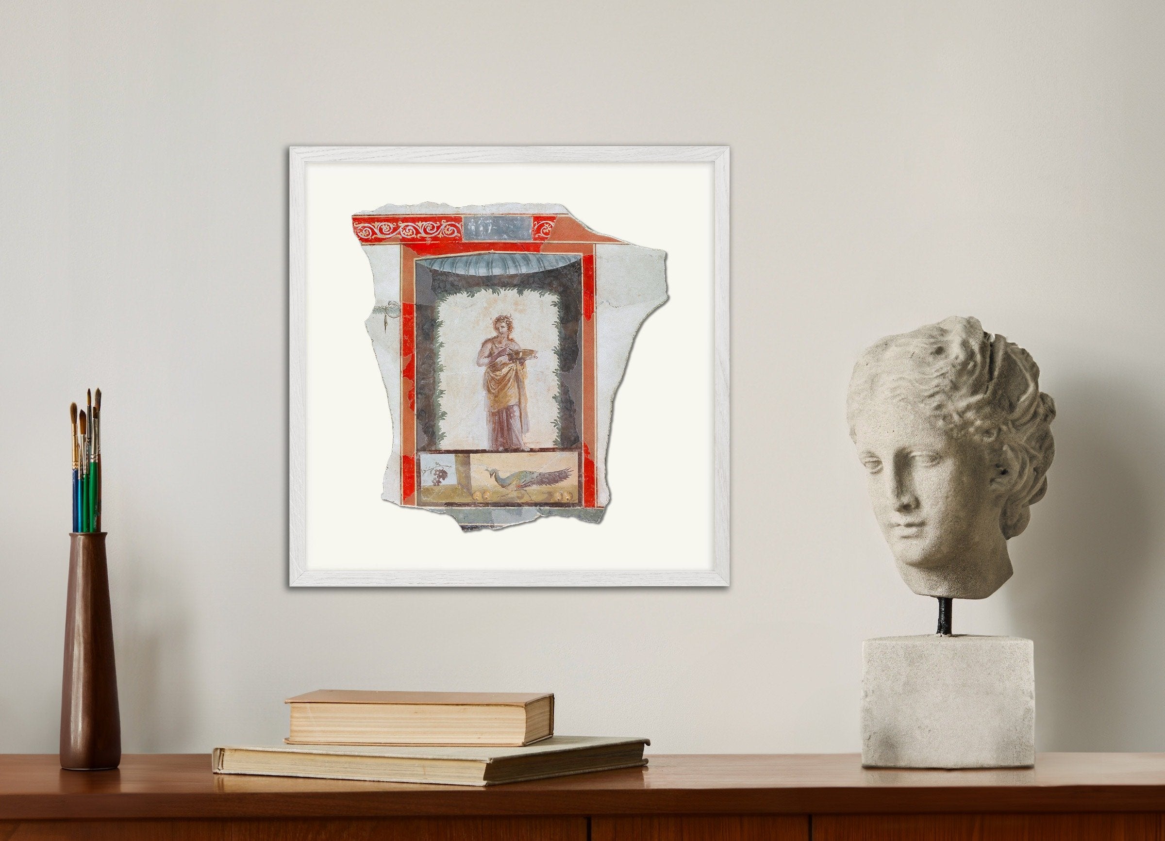 Poster of Pompeii Fresco Fragment with Maenad and Peacock Art Print, with white wooden frame