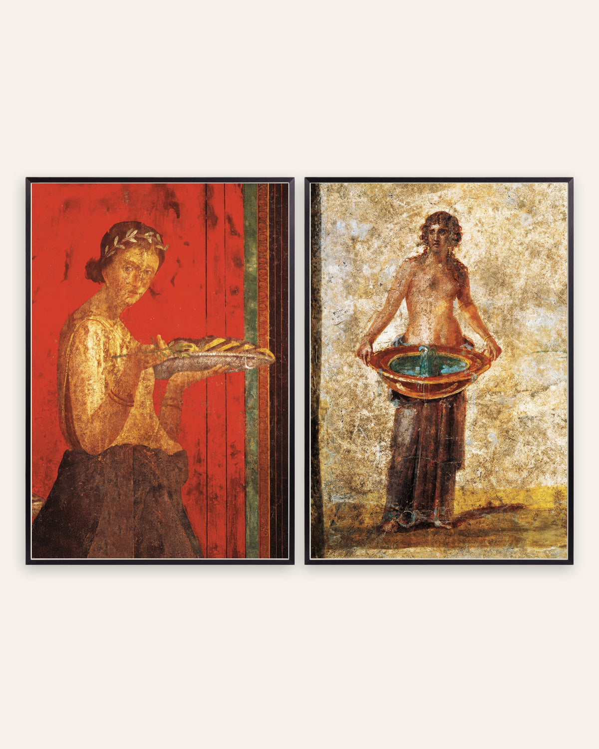 Pompeii Fresco Prints Set of 2 – Woman with Wreath & Water Basin, prints in black metal frames
