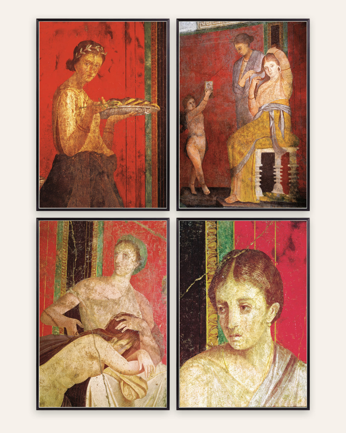 Pompeii Fresco Prints Set of 4 – Villa of the Mysteries, prints in black metal frames