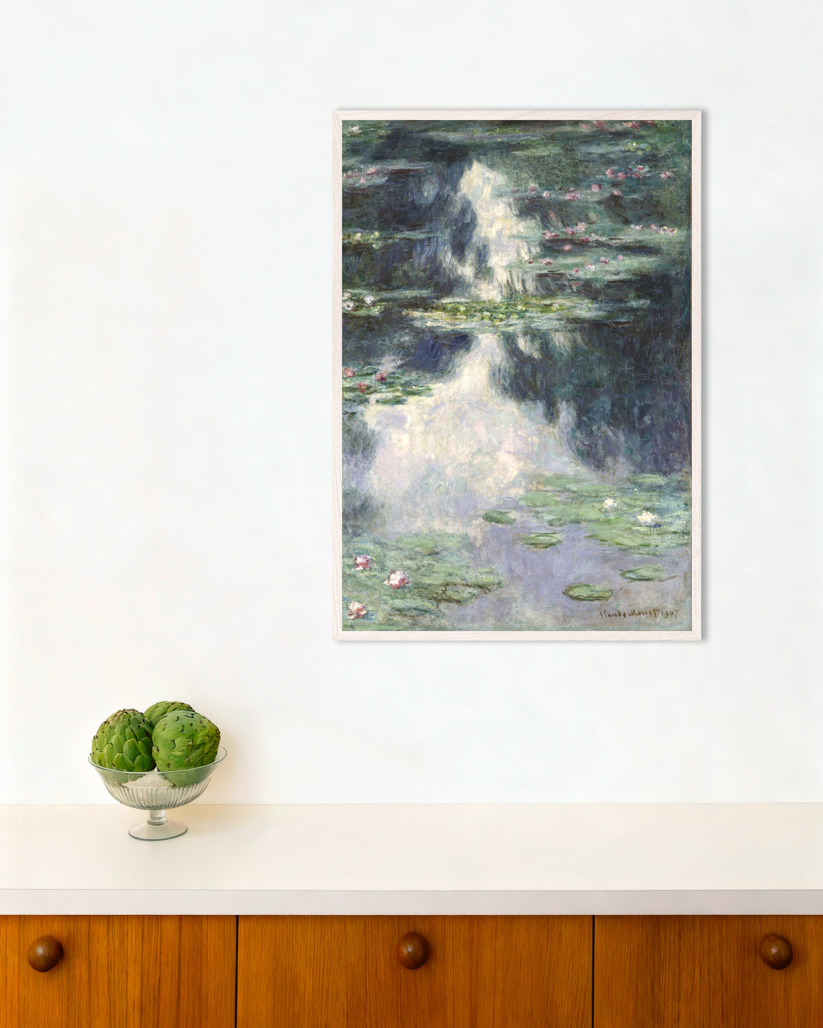 Poster of Pond with Water Lilies (1907) by Claude Monet, with white wooden frame