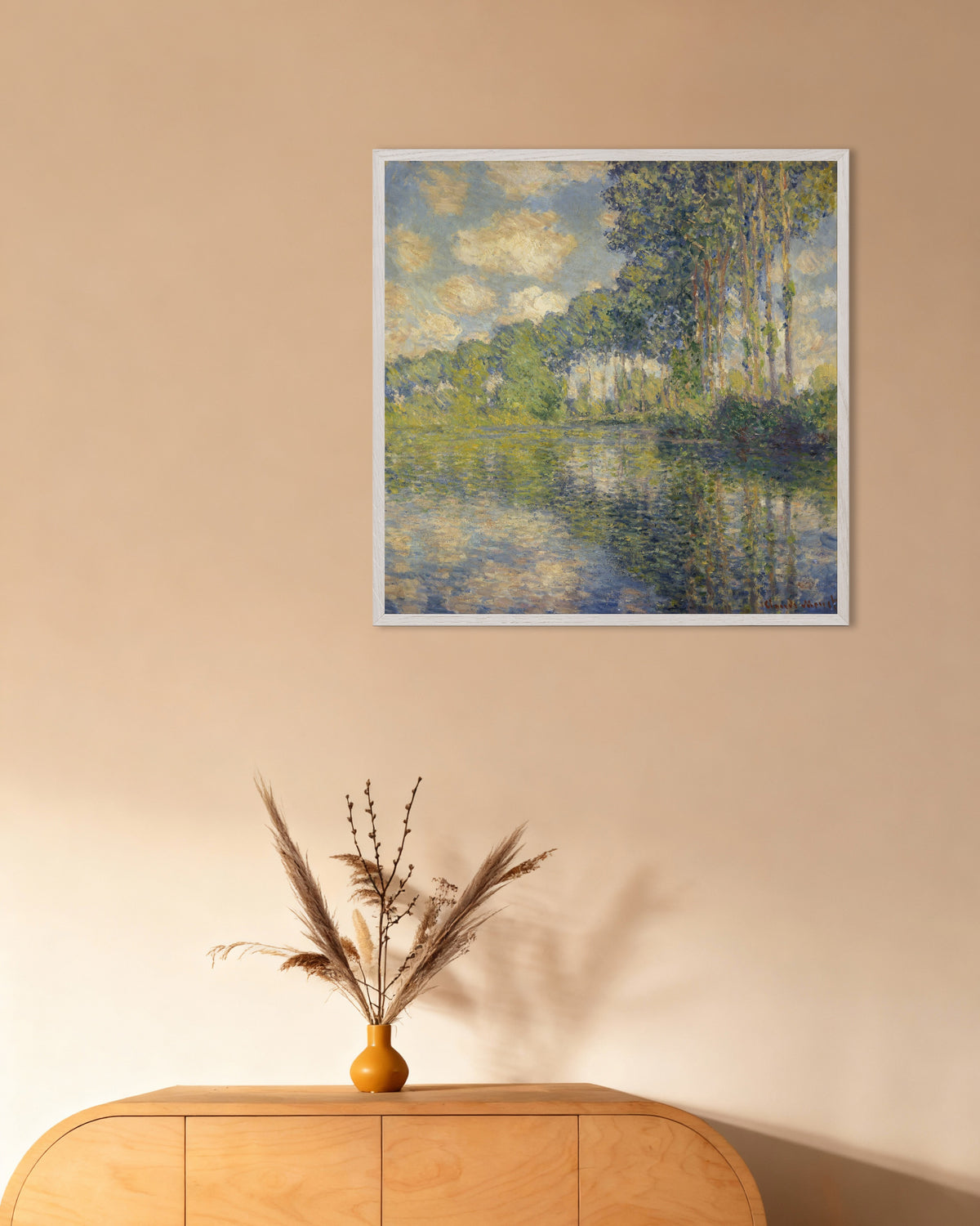 Poster of Poplars on the Epte (1891) by Claude Monet, with white wooden frame