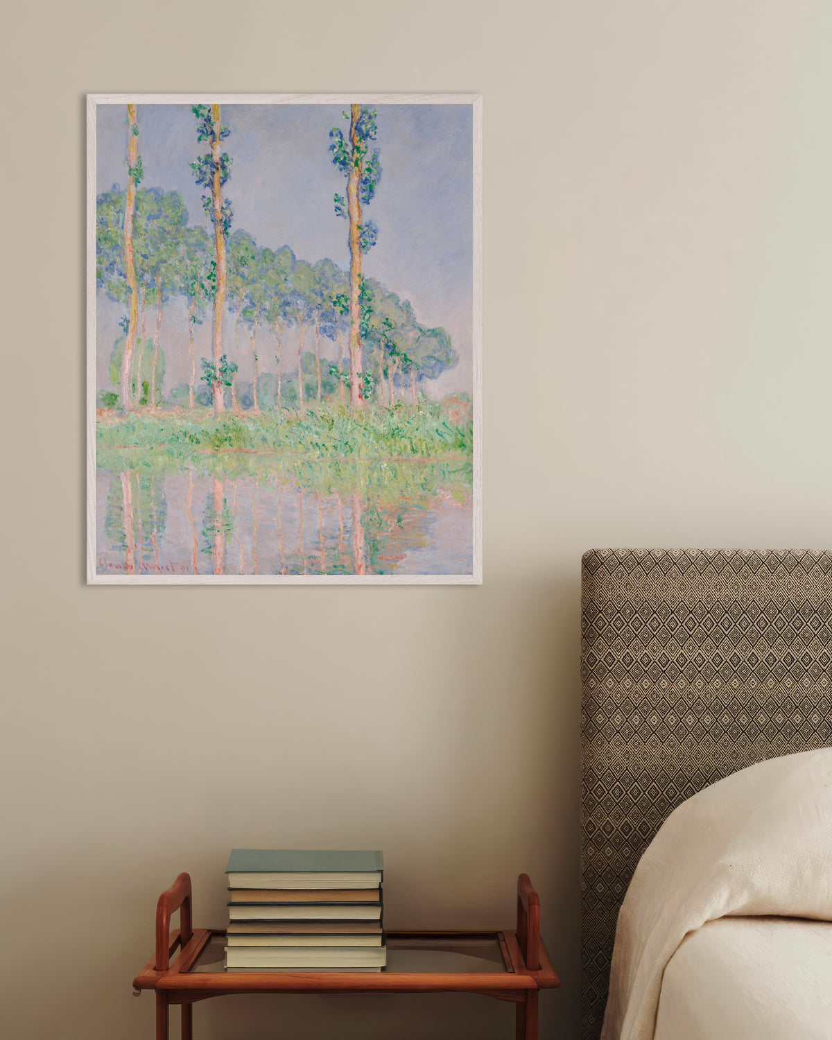 Poster of Poplars, Pink Effect (1891) by Claude Monet, with white wooden frame