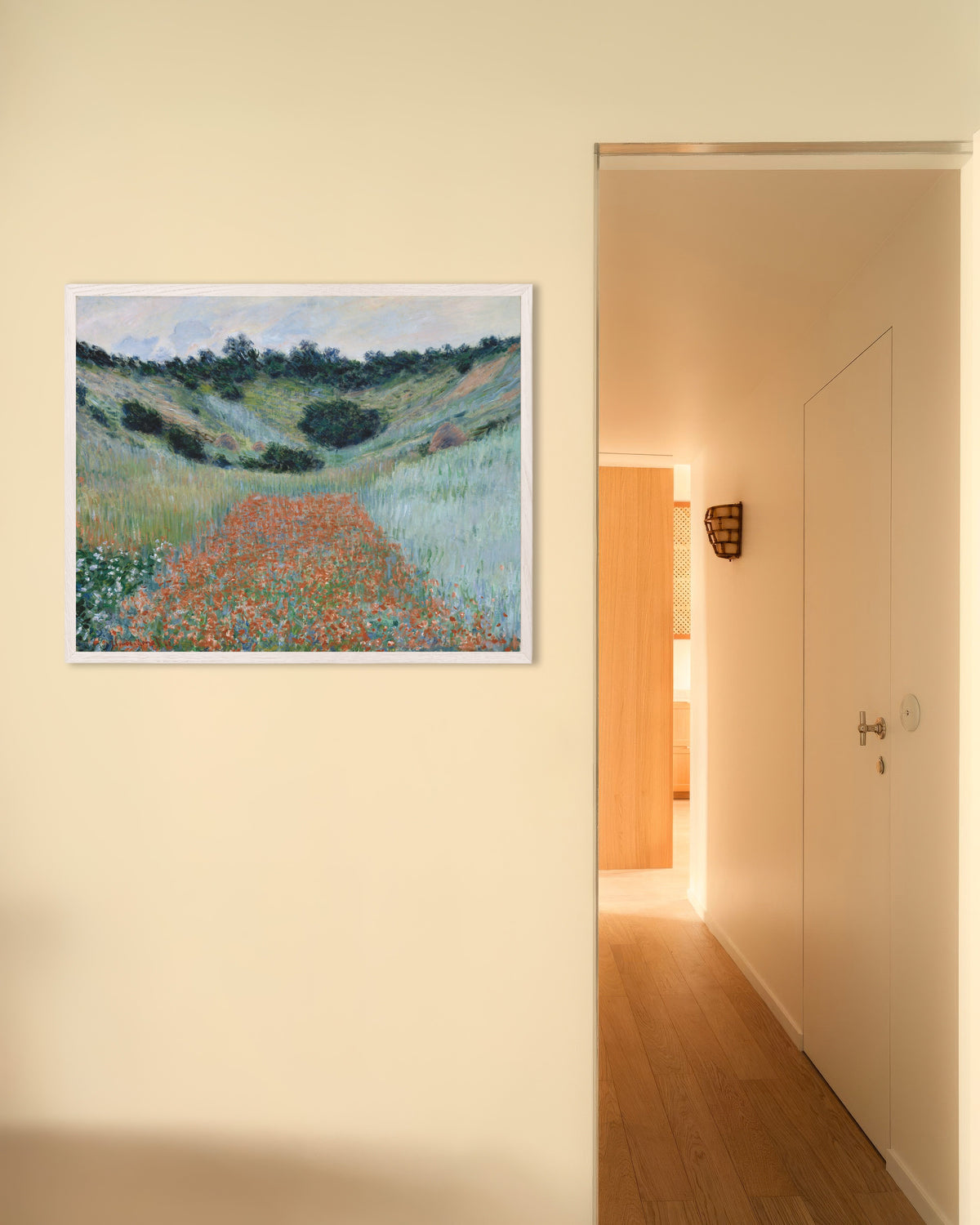 Poster of Poppy Field in a Hollow near Giverny (1885) by Claude Monet, with white wooden frame