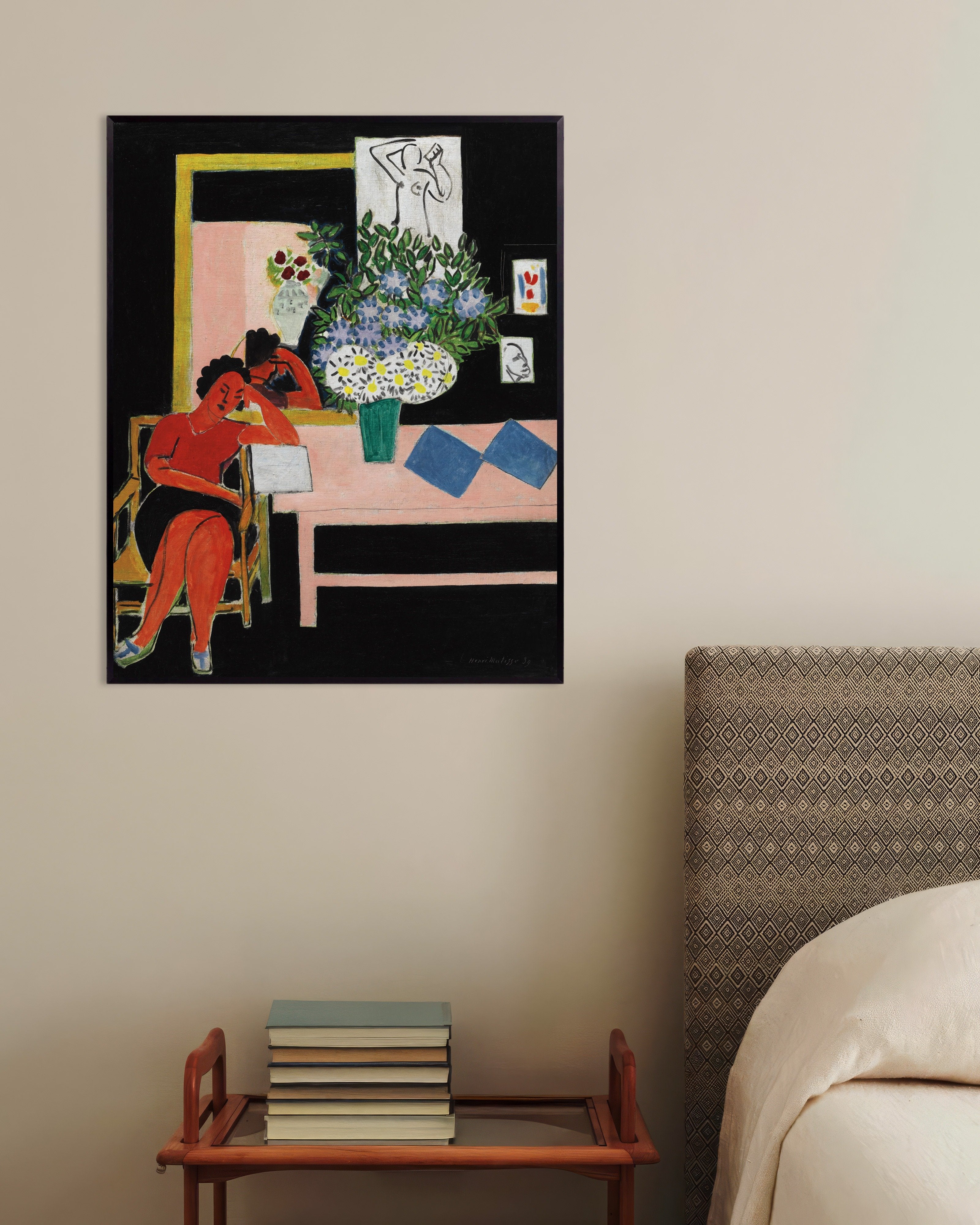 Poster of Reader on a Black Background (Liseuse sur fond noir) by Henri Matisse - Poster, with metal frame