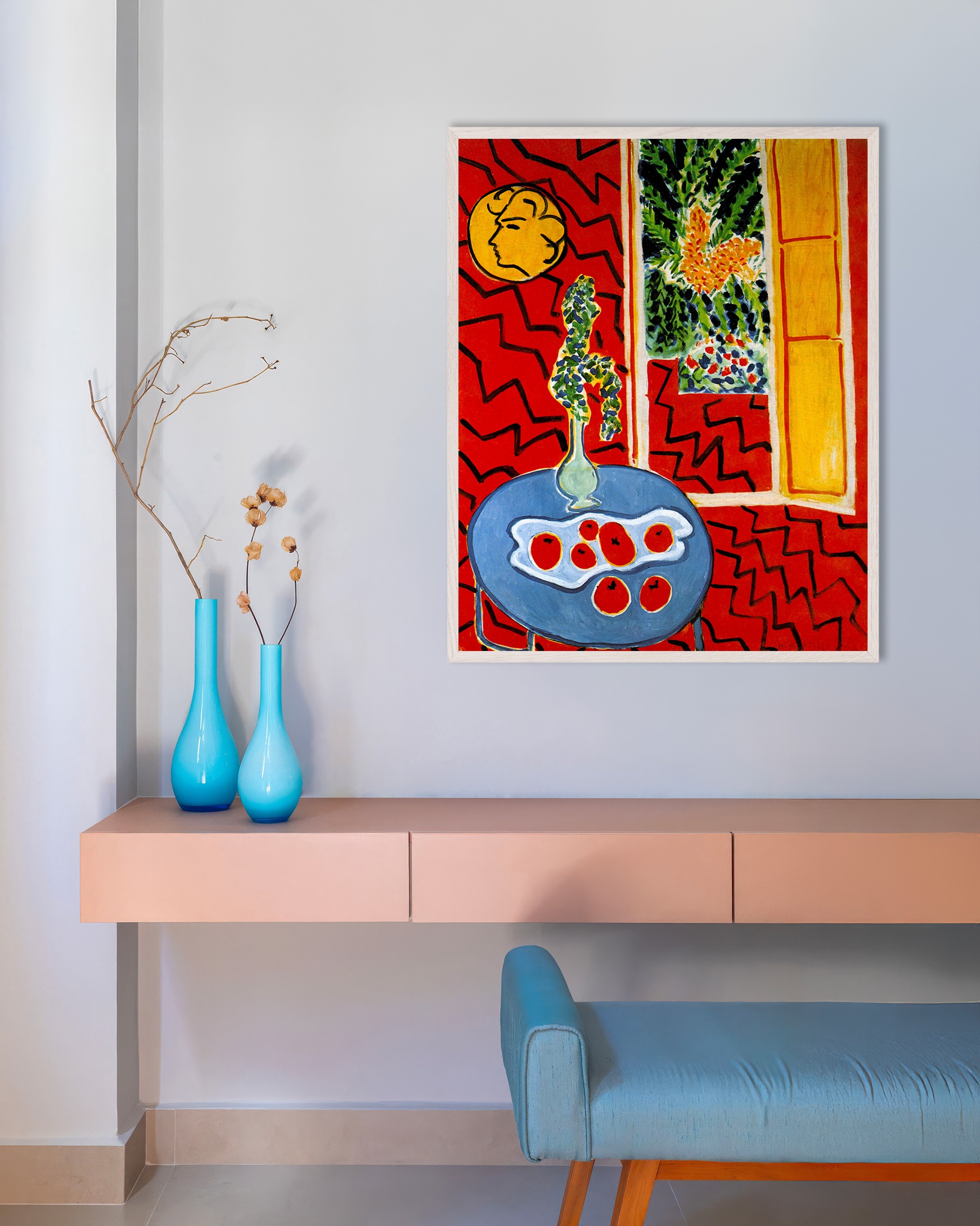 Poster of Red interior, still life on blue table by Henri Matisse, with white wooden frame