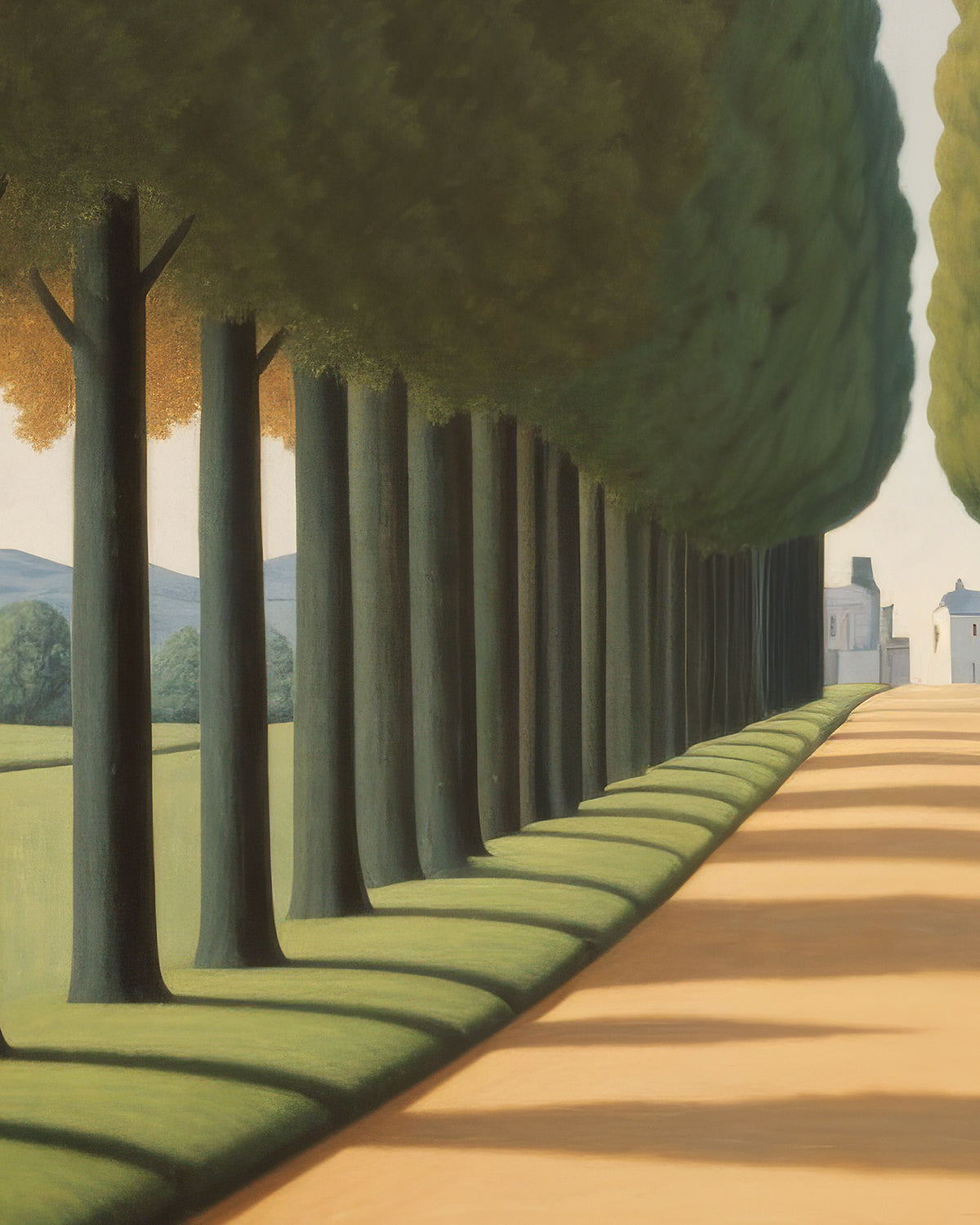 A straight path lined with tall trees leading to a white town