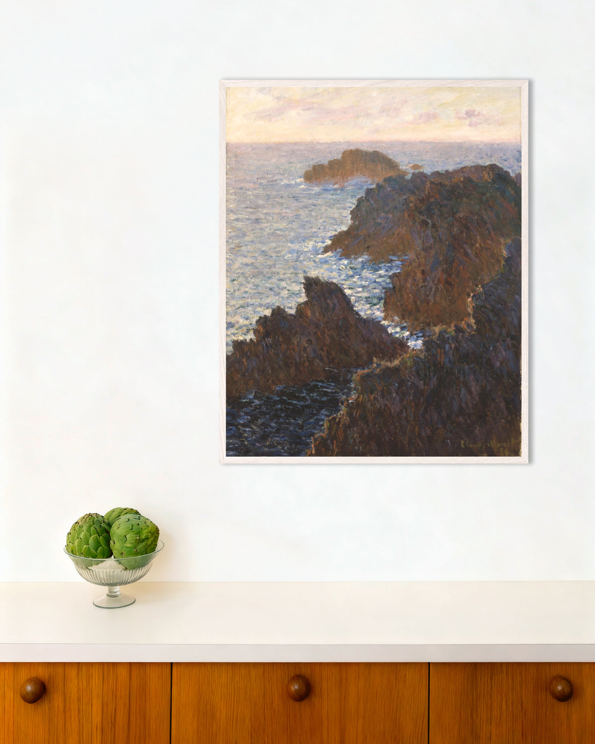 Poster of Rocks at Belle-Île, Port-Domois (1886) by Claude Monet, with white wooden frame