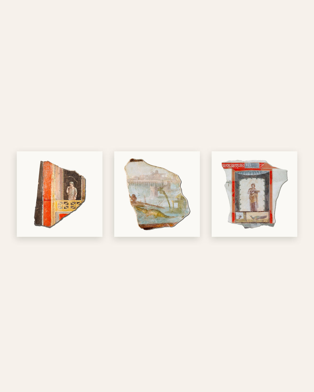Roman Fresco Fragment Prints Set of 3 – Balcony, Nile & Peacock, prints without frame