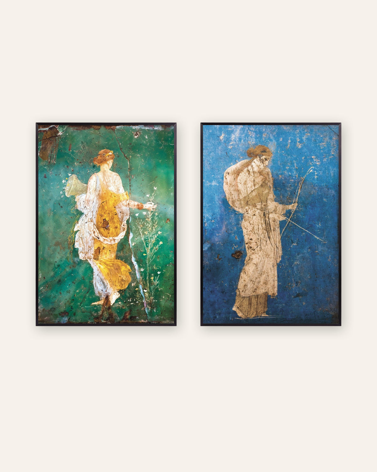 Set of 2 Roman fresco posters, Flora and Artemis, in black metal frames