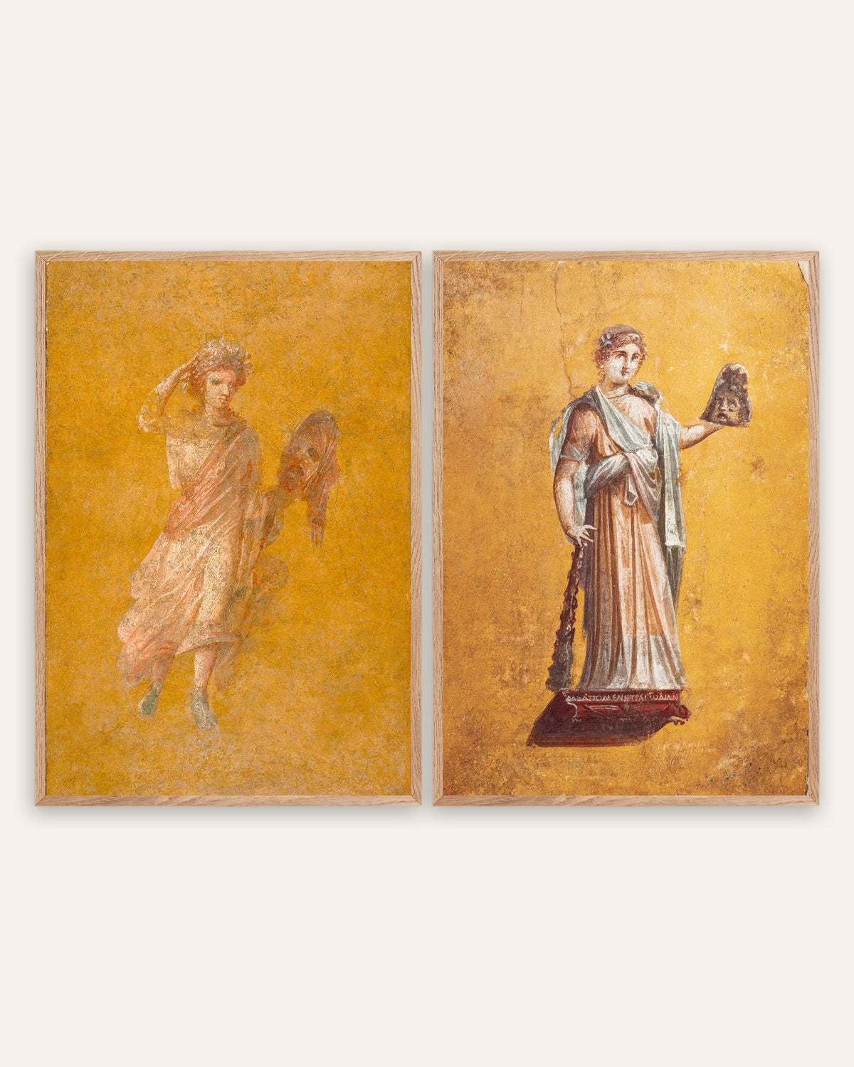 Roman Fresco Prints Set of 2 – Melpomene, Muse of Tragedy, prints in natural oak frames