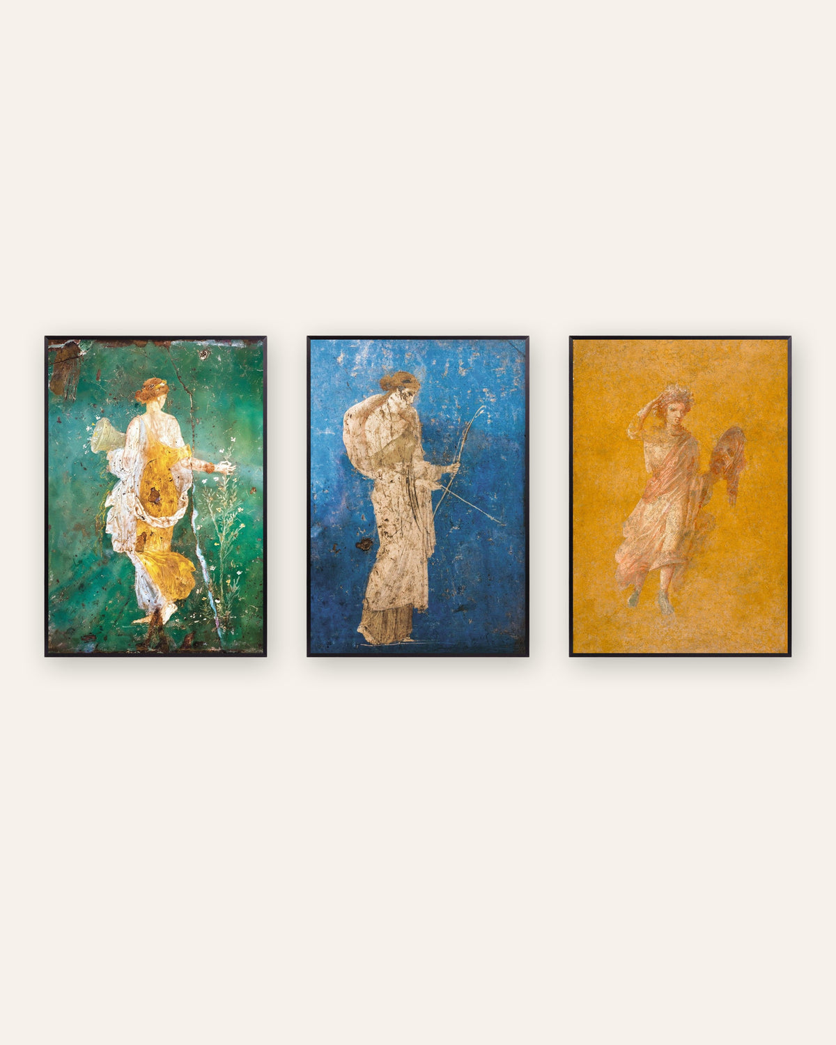 Set of 3 Roman fresco posters, Flora, Artemis and Melpomene, in black metal frames