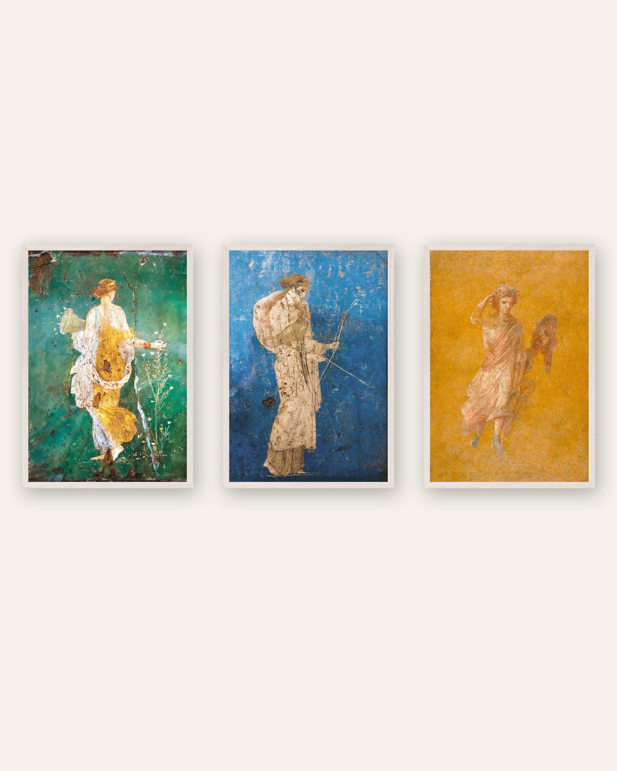 Set of 3 Roman fresco posters, Flora, Artemis and Melpomene, in white wooden frames