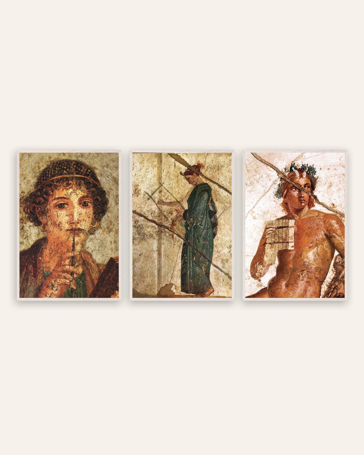Roman Fresco Prints Set of 3 – Poetry & Music: Sappho, Lyre & Pan, prints in white oak frames