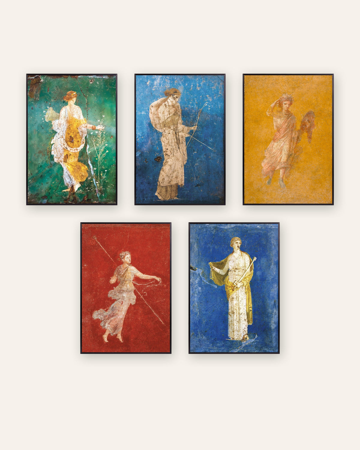 Set of 5 Roman fresco posters, Flora, Artemis, Melpomene, Maenad and Medea, in black metal frames