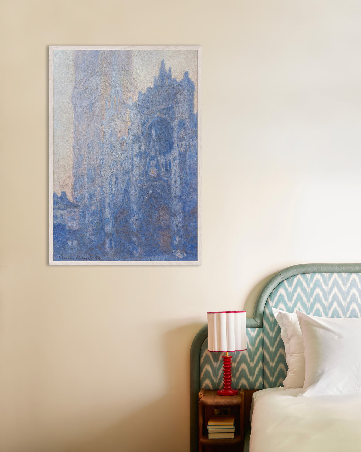 Poster of Rouen Cathedral Façade and Tour d'Albane, Morning Effect (1894) by Claude Monet, with white wooden frame