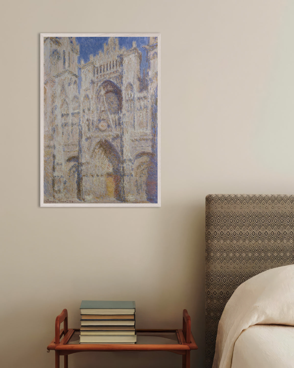 Poster of Rouen Cathedral, the Portal, Sunlight (1894) by Claude Monet, with white wooden frame