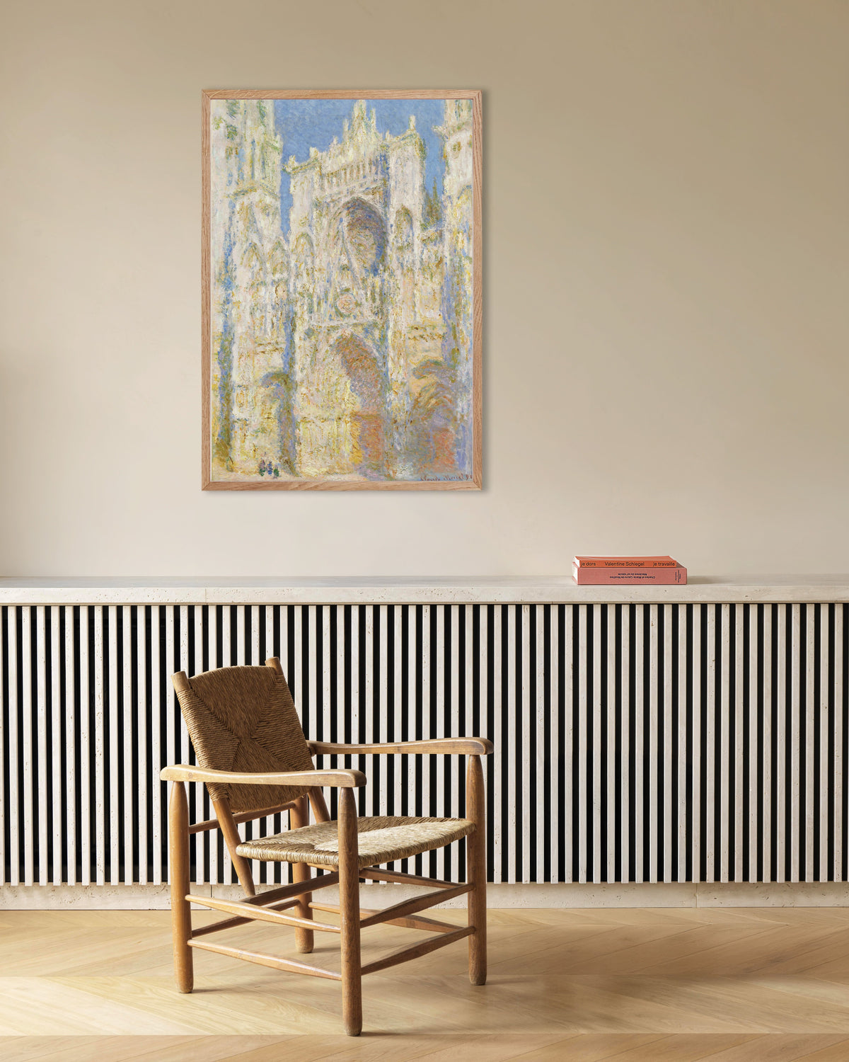 Poster of Rouen Cathedral, West Façade, Sunlight (1894) by Claude Monet, with natural wooden frame