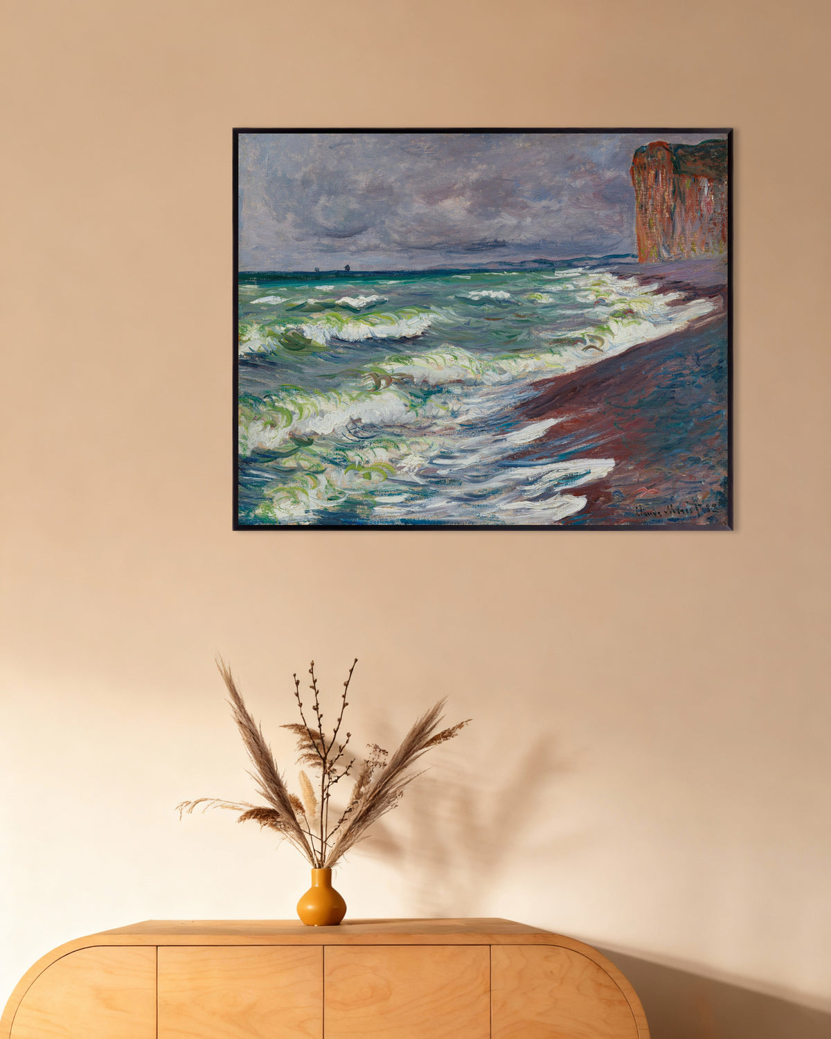 Poster of Rough Sea at Pourville (1882) by Claude Monet, with metal frame