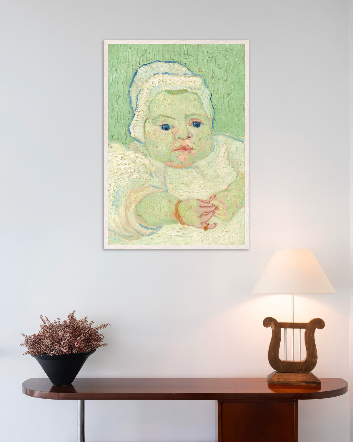 Poster of Roulin's Baby (1888) by Vincent van Gogh, with white wooden frame