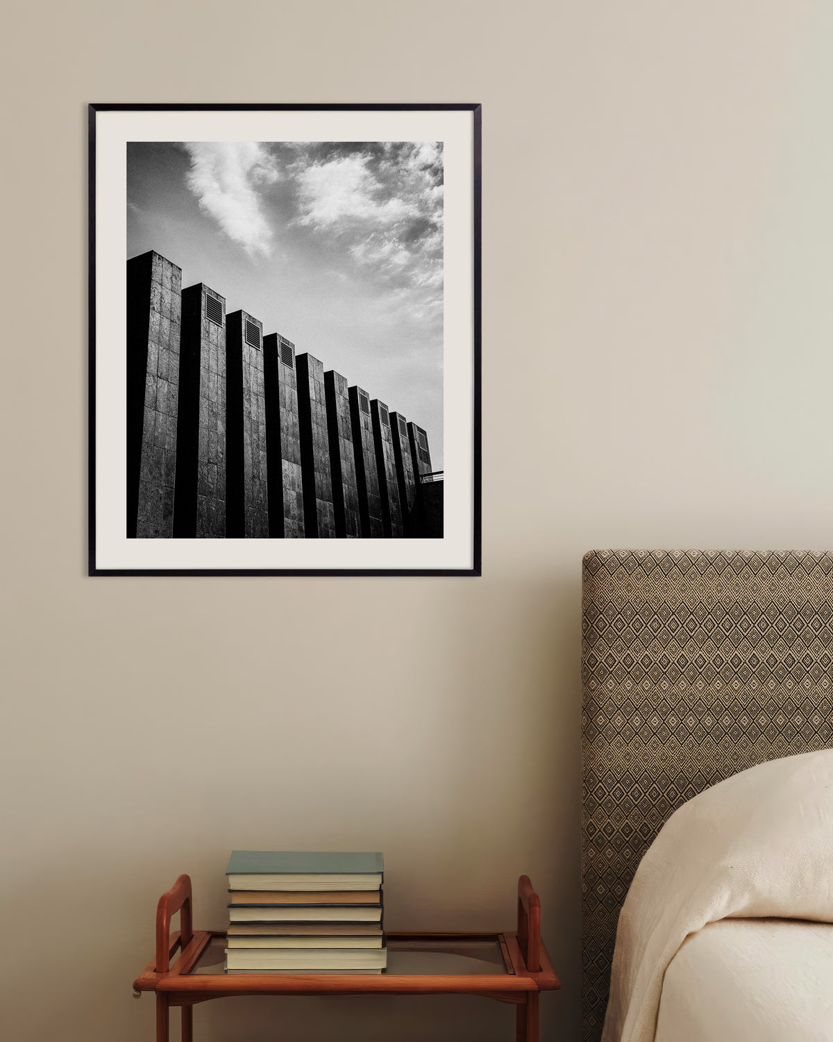 Poster of Row of Dark Fins and Clouds, with metal frame