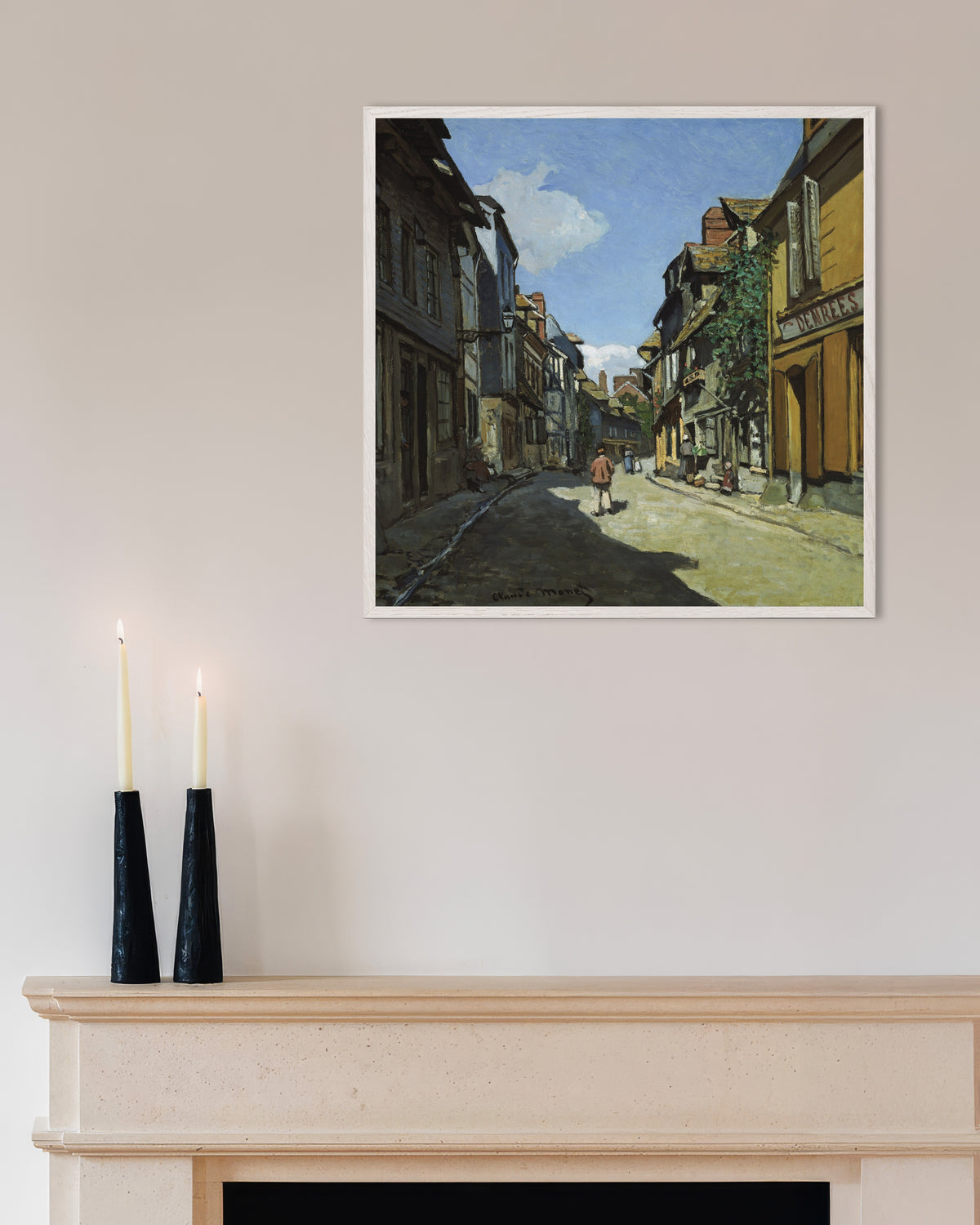 Poster of Rue de la Bavole, Honfleur (1864) by Claude Monet, with white wooden frame