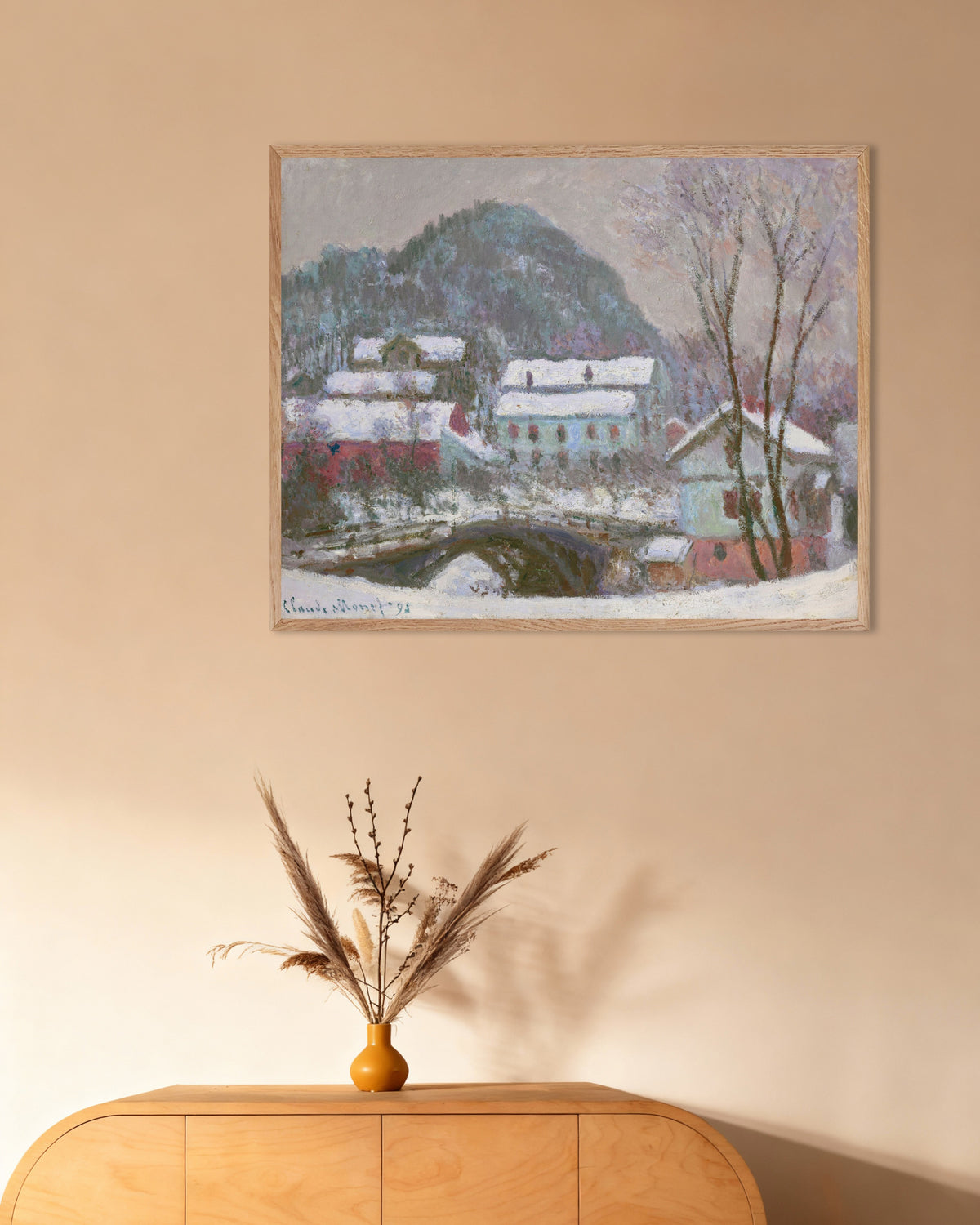 Poster of Sandviken, Snow Effect (1895) by Claude Monet, with natural wooden frame
