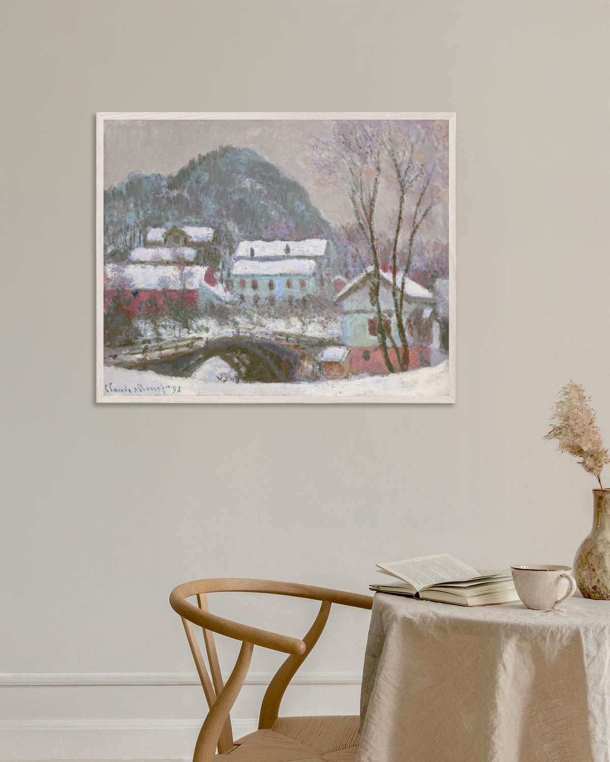 Poster of Sandviken, Snow Effect (1895) by Claude Monet, with white wooden frame