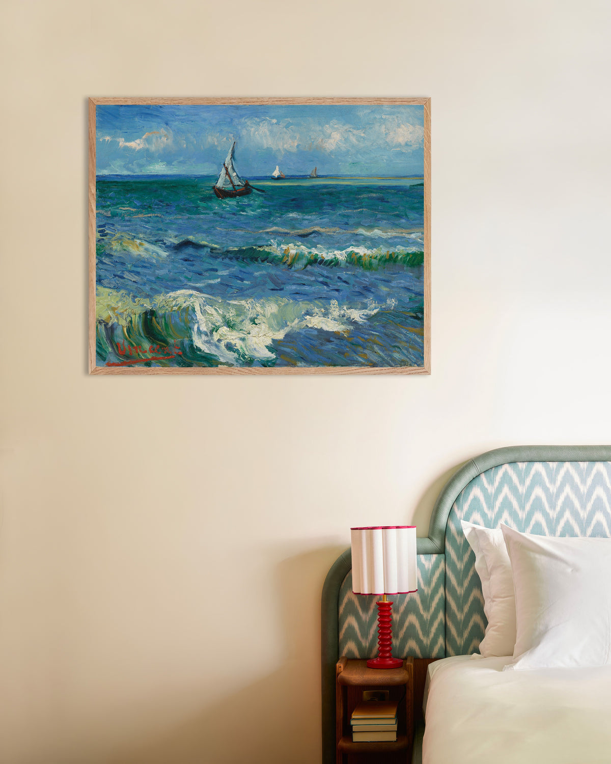 Poster of Seascape near Les Saintes-Maries-de-la-Mer (1888) by Vincent van Gogh, with natural wooden frame