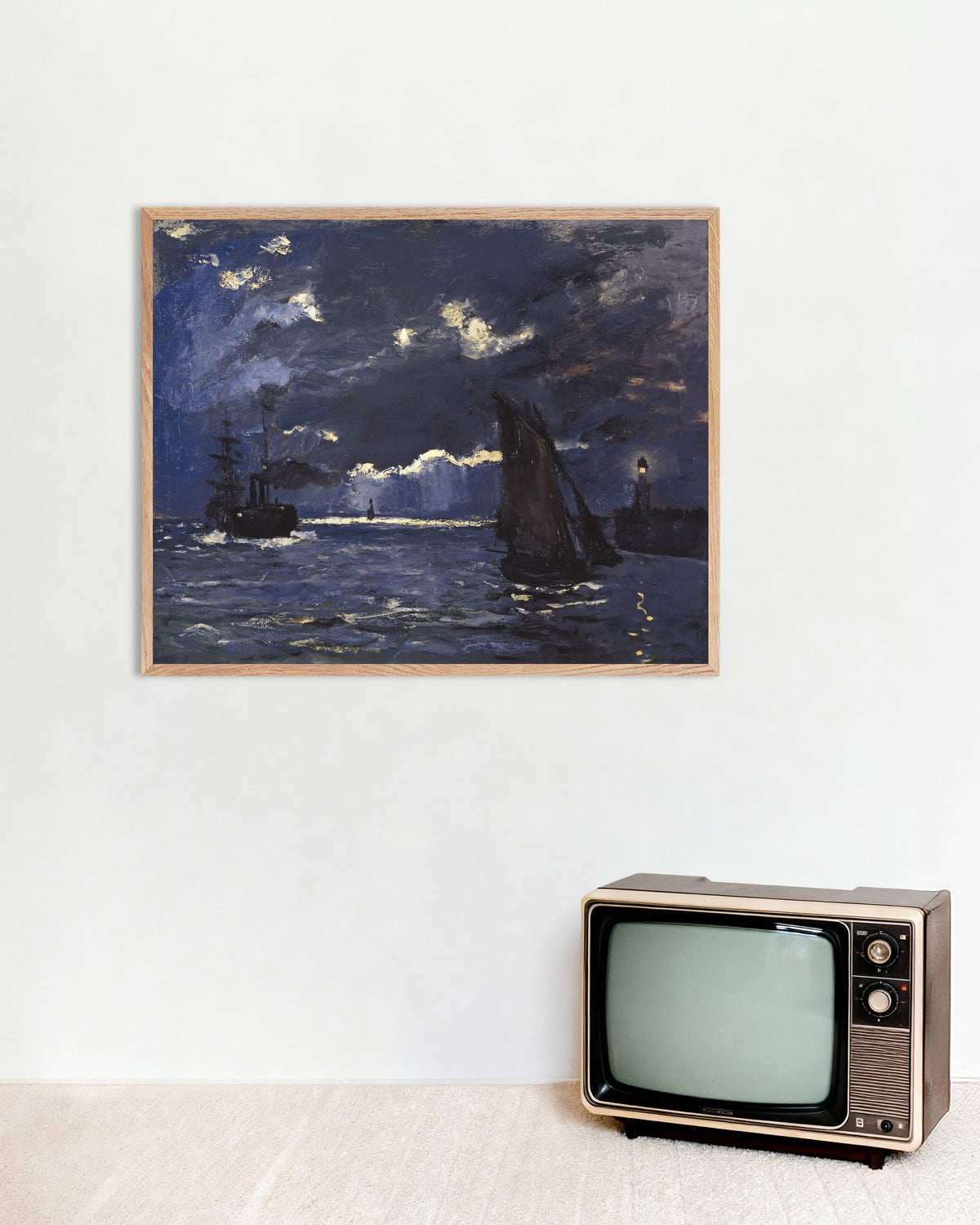 Poster of Seascape, Shipping by Moonlight (1864) by Claude Monet, with natural wooden frame