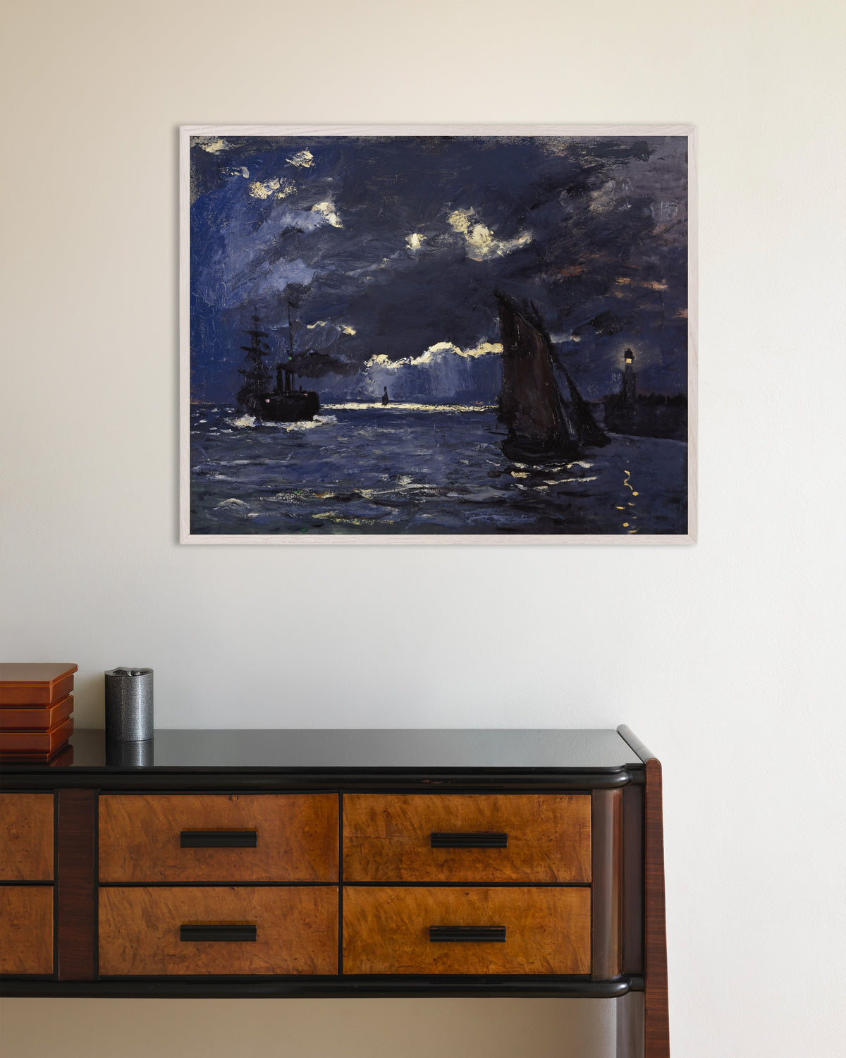 Poster of Seascape, Shipping by Moonlight (1864) by Claude Monet, with white wooden frame