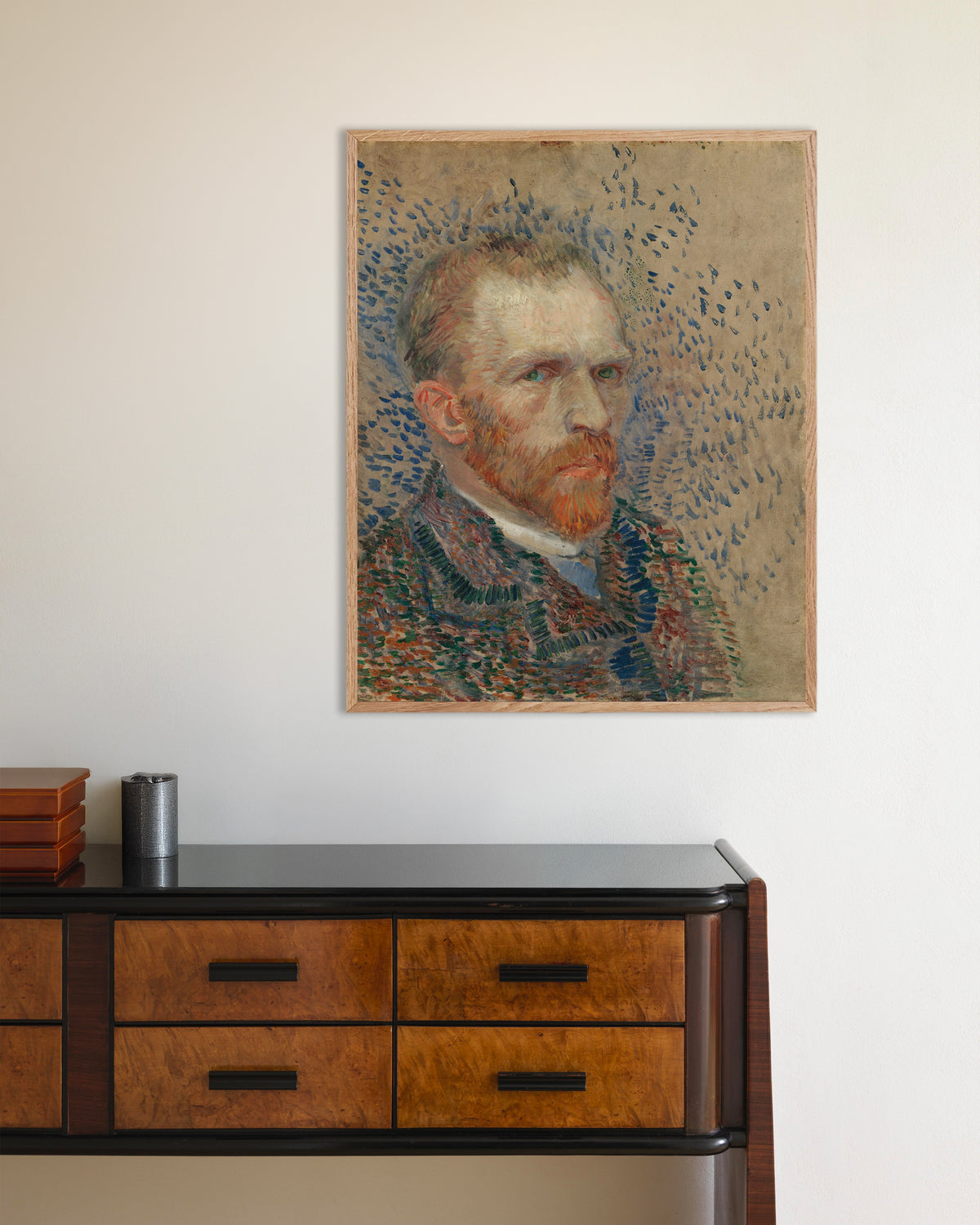 Poster of Self-Portrait with Blue Dashes (1887) by Vincent van Gogh, with natural wooden frame