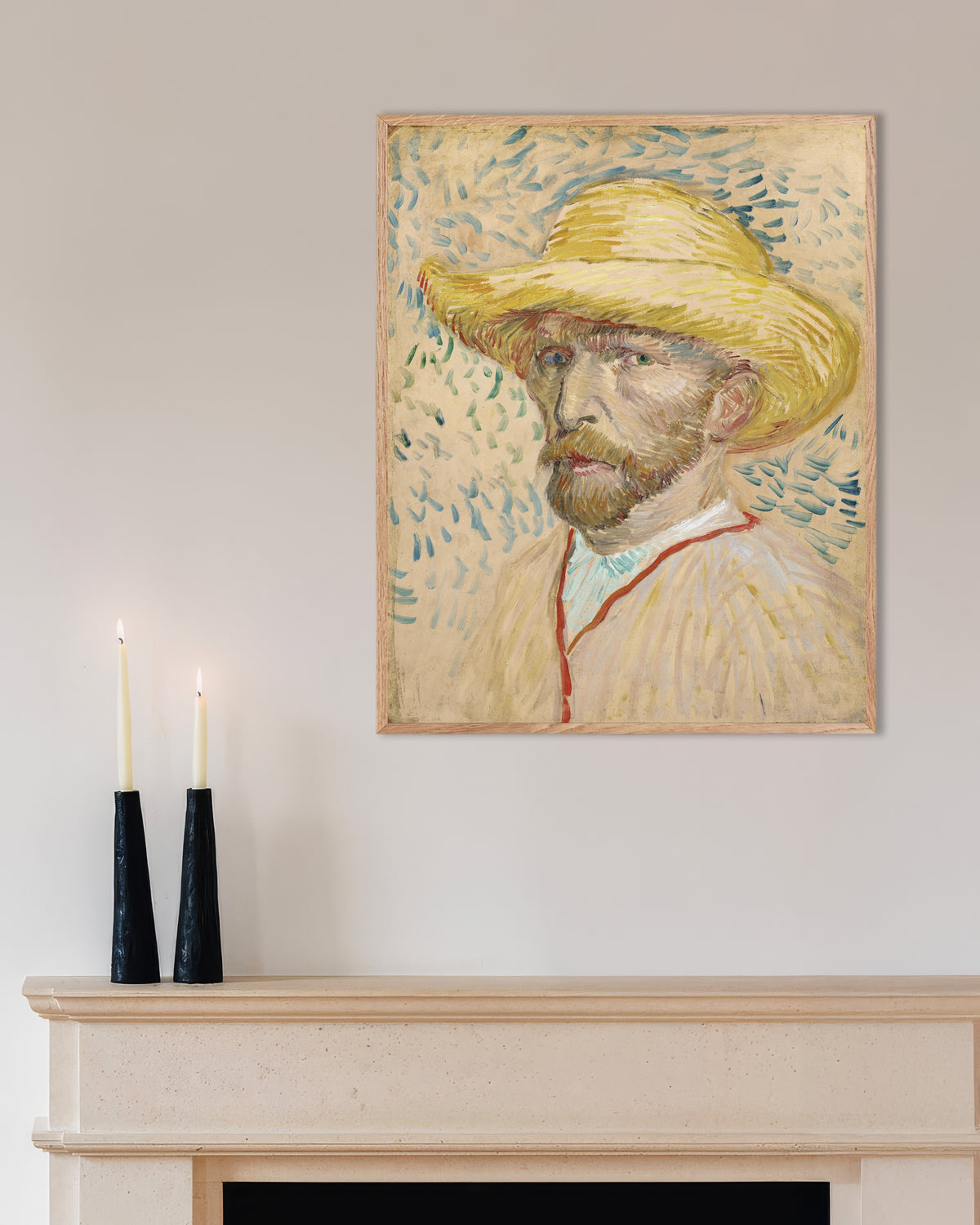 Poster of Self-Portrait with Straw Hat and Painter's Smock (1887) by Vincent van Gogh, with natural wooden frame
