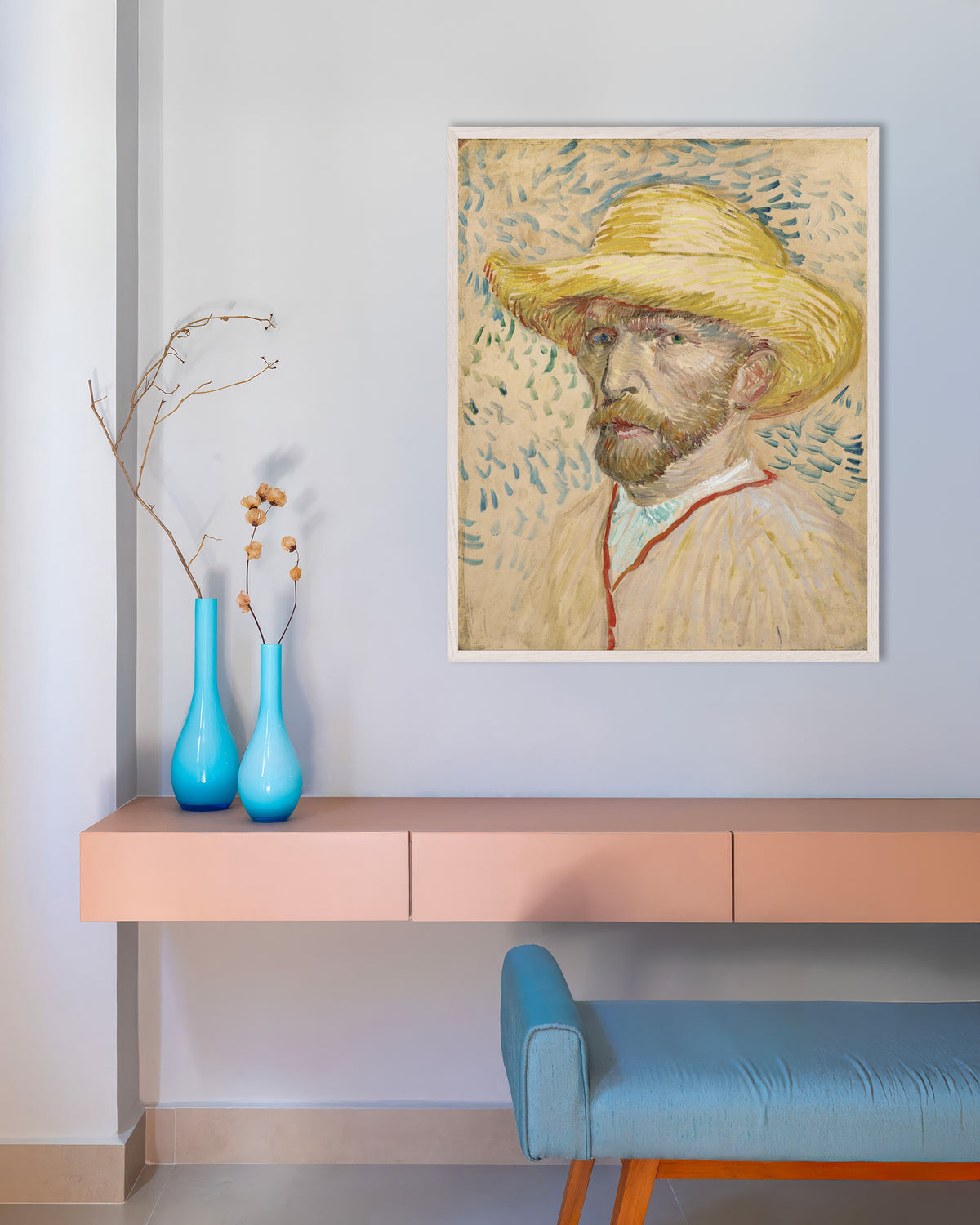 Poster of Self-Portrait with Straw Hat and Painter's Smock (1887) by Vincent van Gogh, with white wooden frame