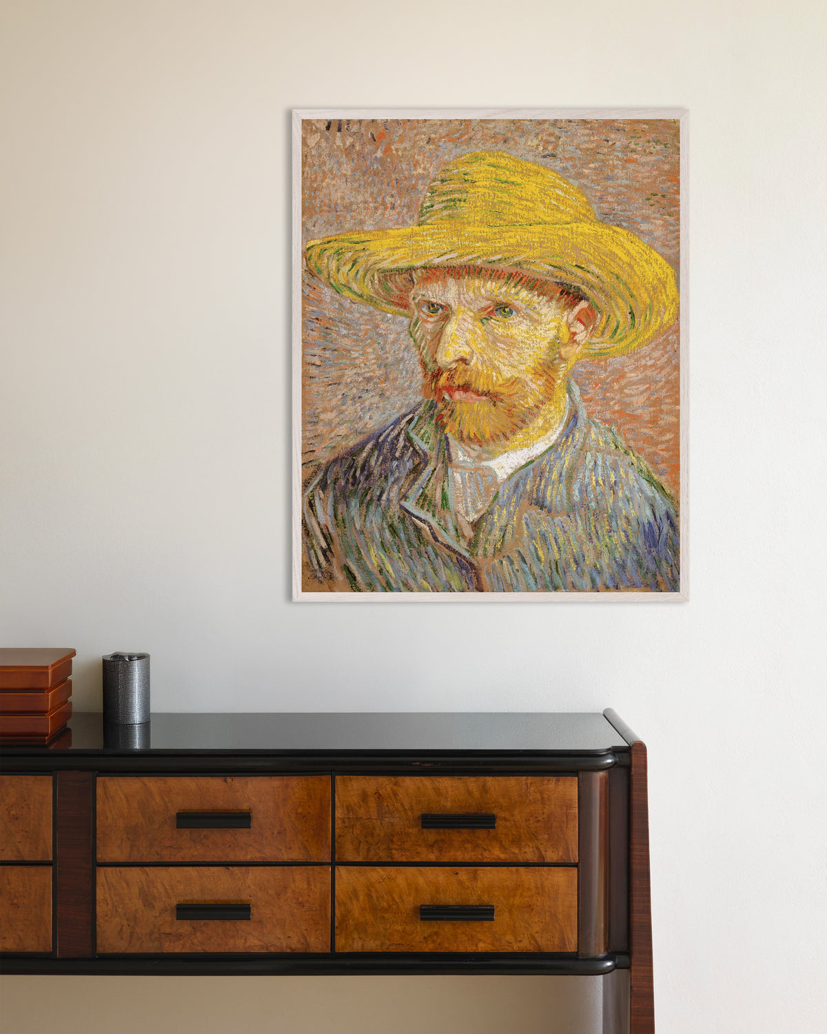 Poster of Self-Portrait with Straw Hat on Orange Ground (1887) by Vincent van Gogh, with white wooden frame
