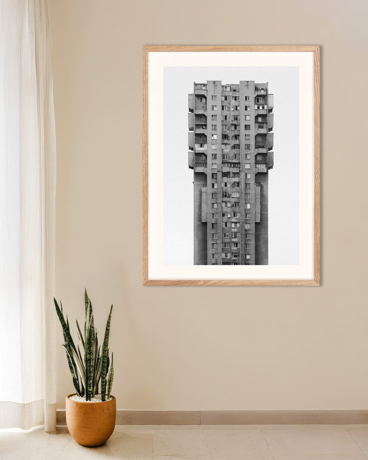 Poster of Solitary Concrete Skyscraper, with natural wooden frame
