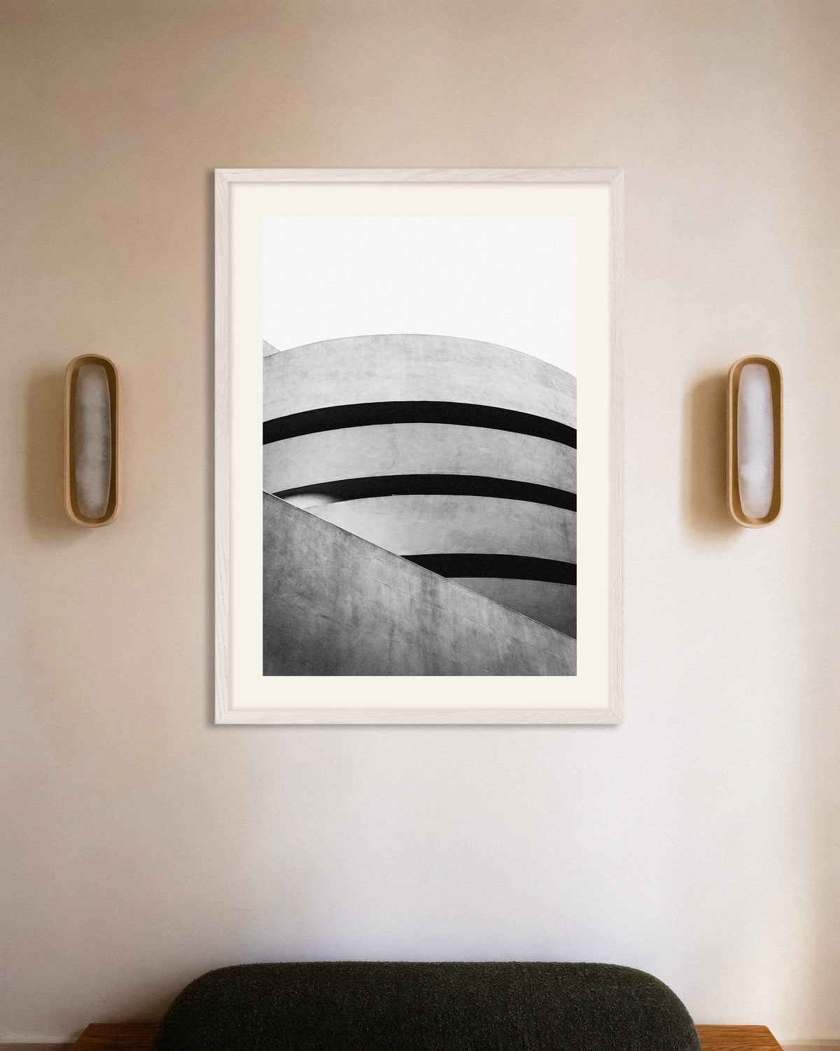 Poster of Spiral Museum Curves, with white wooden frame