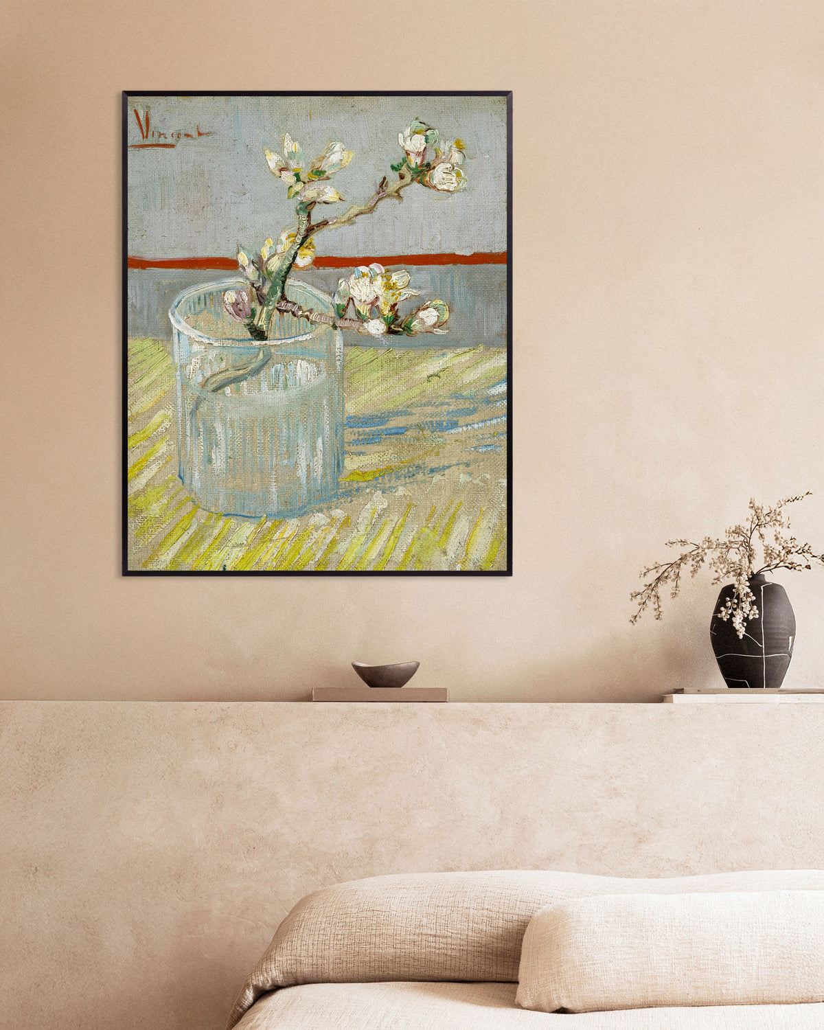 Poster of Sprig of Flowering Almond in a Glass (1888) by Vincent van Gogh, with metal frame