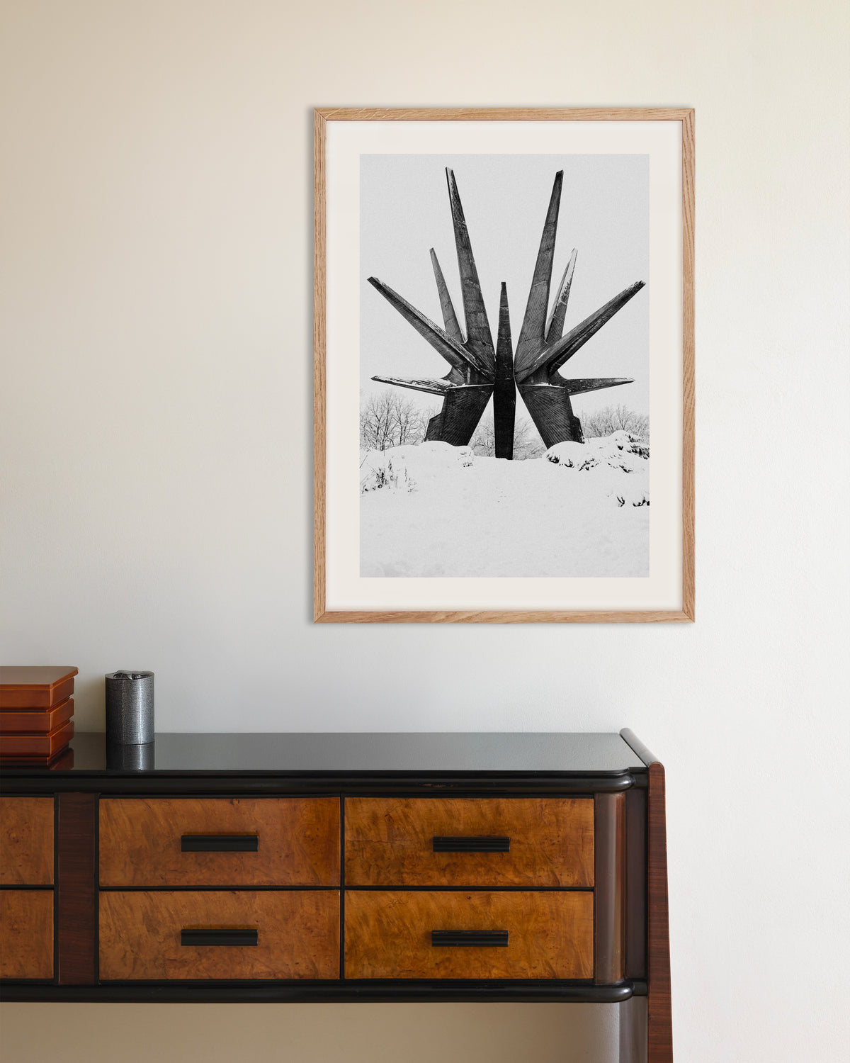 Poster of Star Monument in the Snow, with natural wooden frame