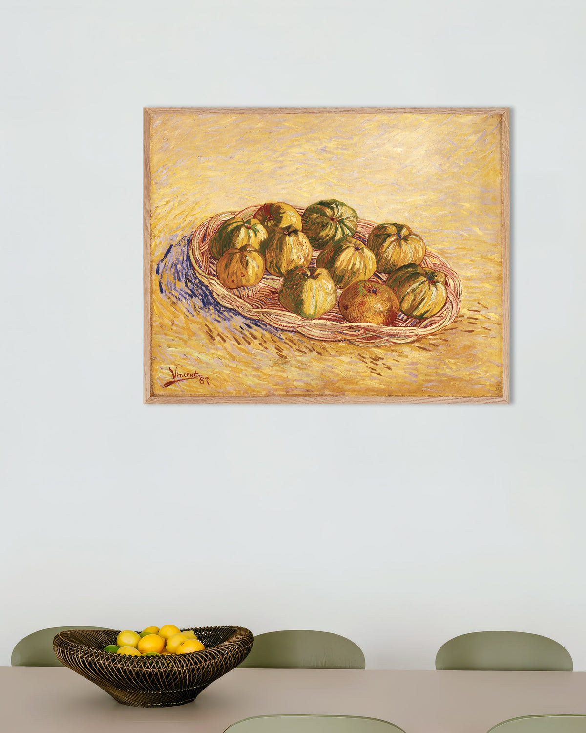 Poster of Still Life with Basket of Apples (1887) by Vincent van Gogh, with natural wooden frame