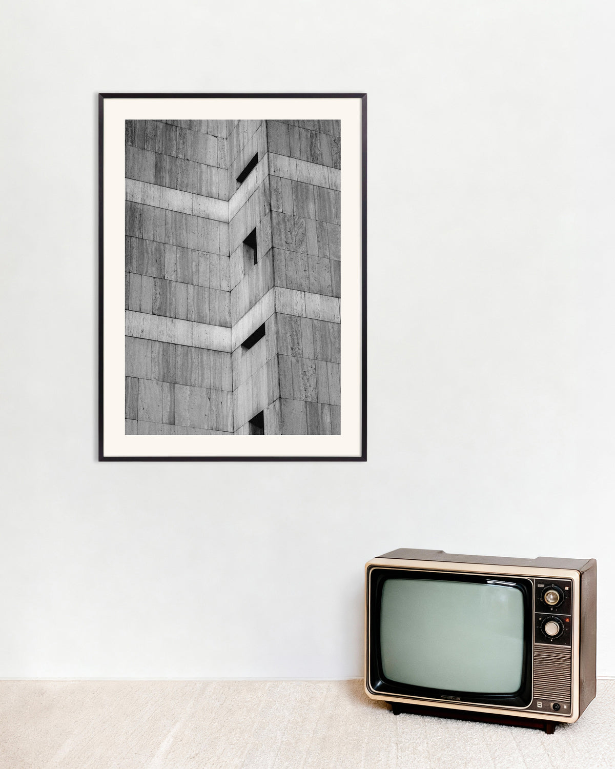 Poster of Stone Clad Corner With Slit Windows, with metal frame