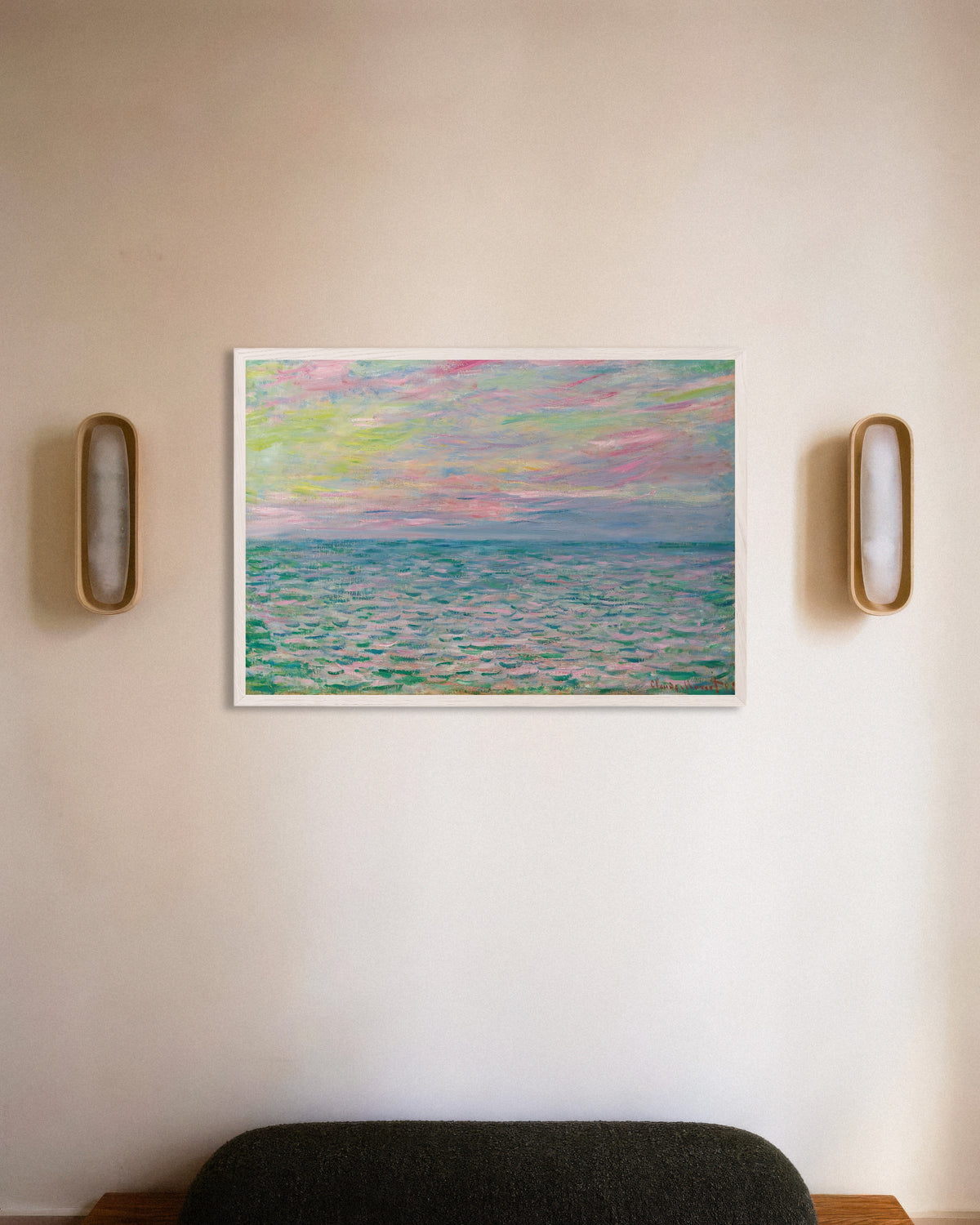 Poster of Sunset at Pourville, Open Sea (1882) by Claude Monet, with white wooden frame