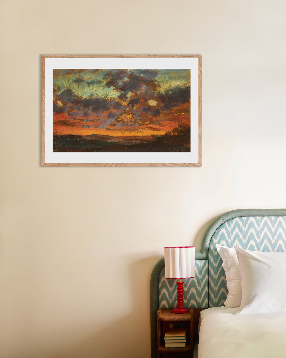 Poster of Sunset (c. 1868) by Claude Monet, with natural wooden frame
