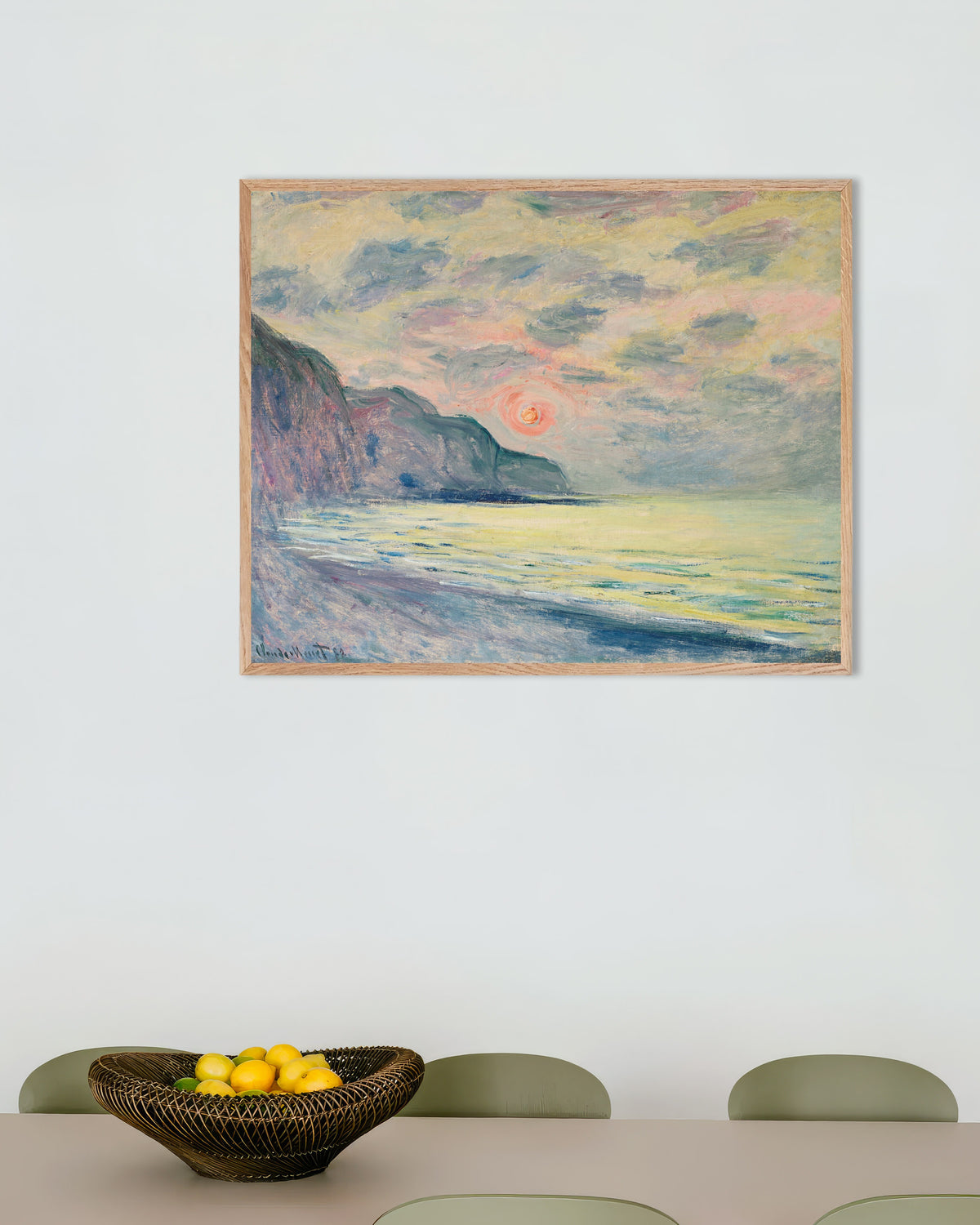 Poster of Sunset, Foggy Weather, Pourville (1882) by Claude Monet, with natural wooden frame