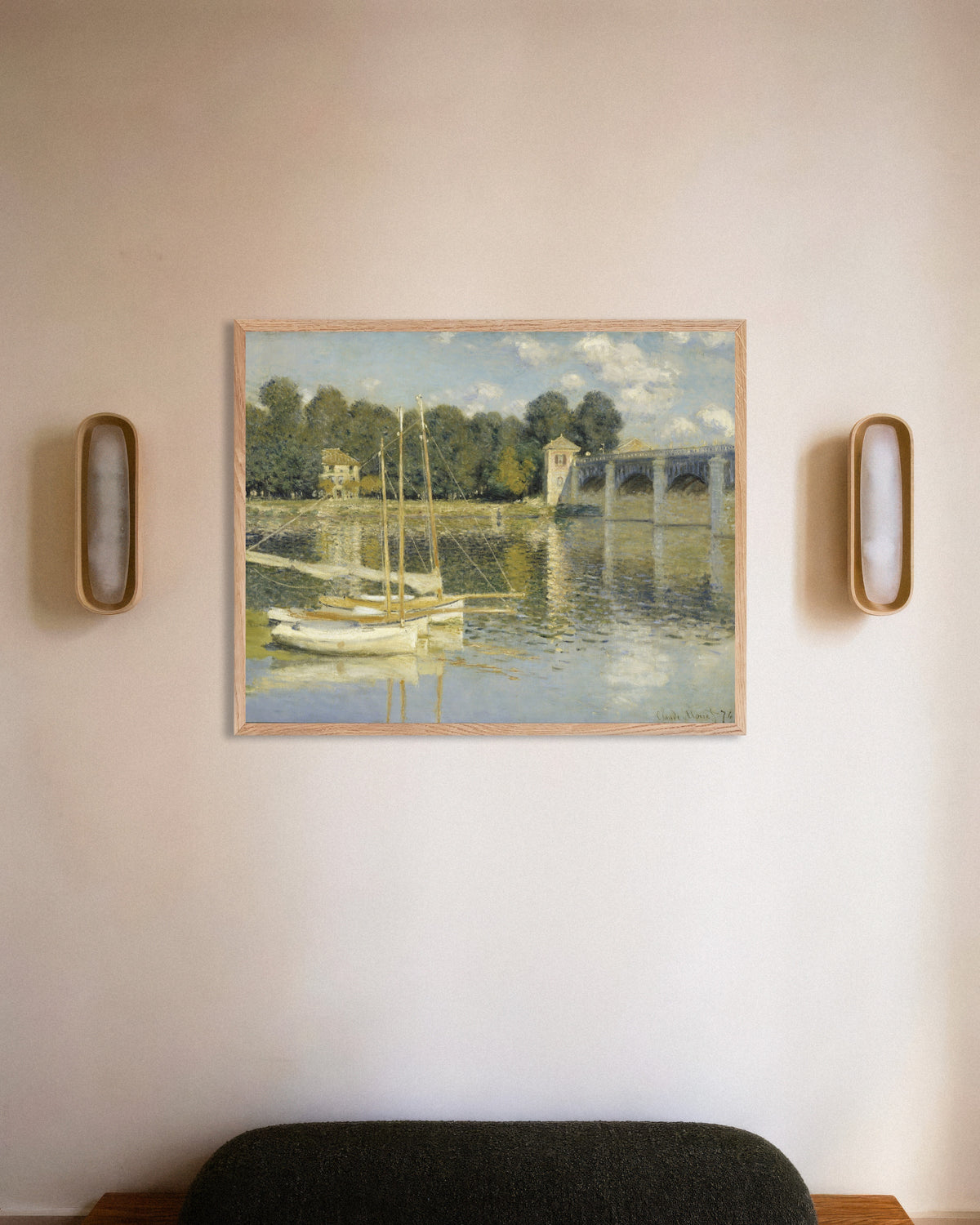 Poster of The Argenteuil Bridge (1874) by Claude Monet, with natural wooden frame