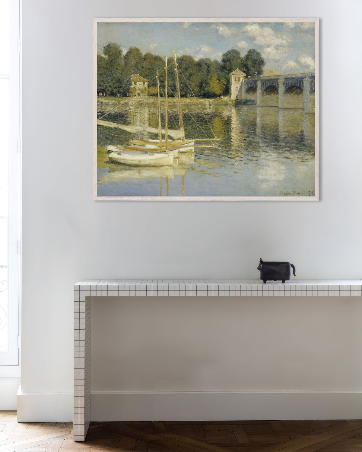 Poster of The Argenteuil Bridge (1874) by Claude Monet, with white wooden frame