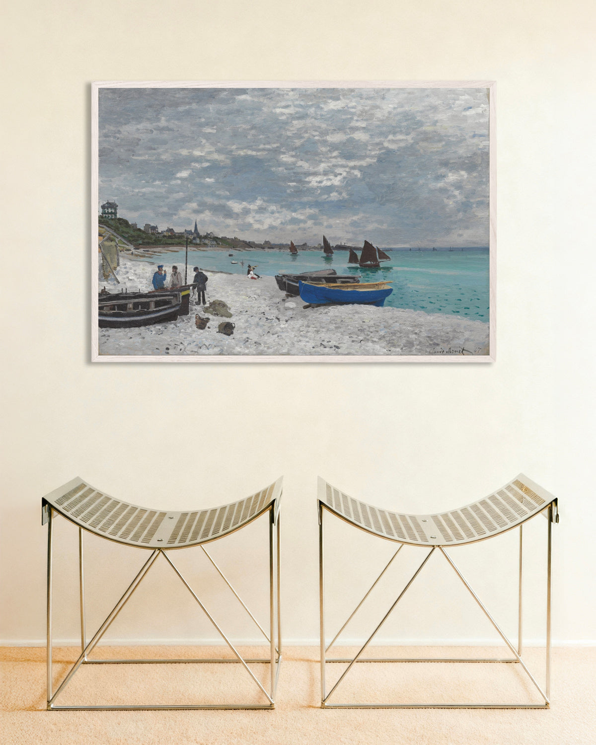 Poster of The Beach at Sainte-Adresse (1867) by Claude Monet, with white wooden frame