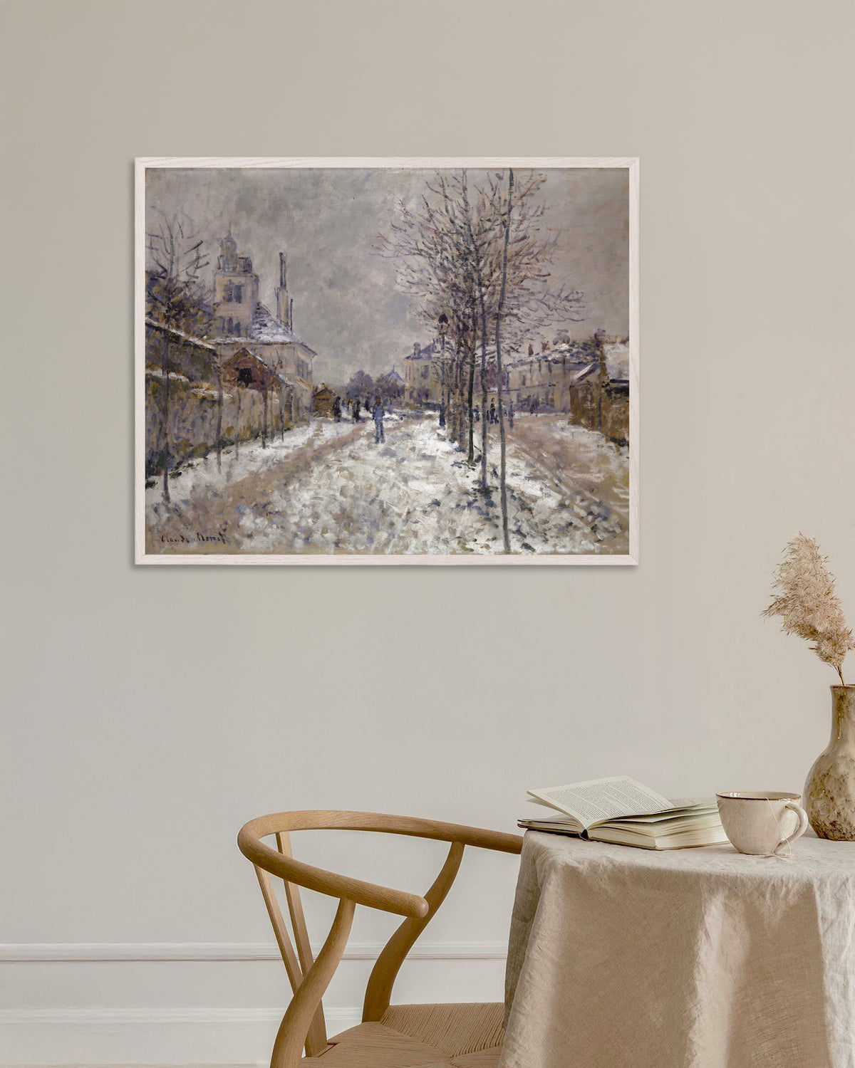 Poster of The Boulevard de Pontoise at Argenteuil, Snow (1875) by Claude Monet, with white wooden frame