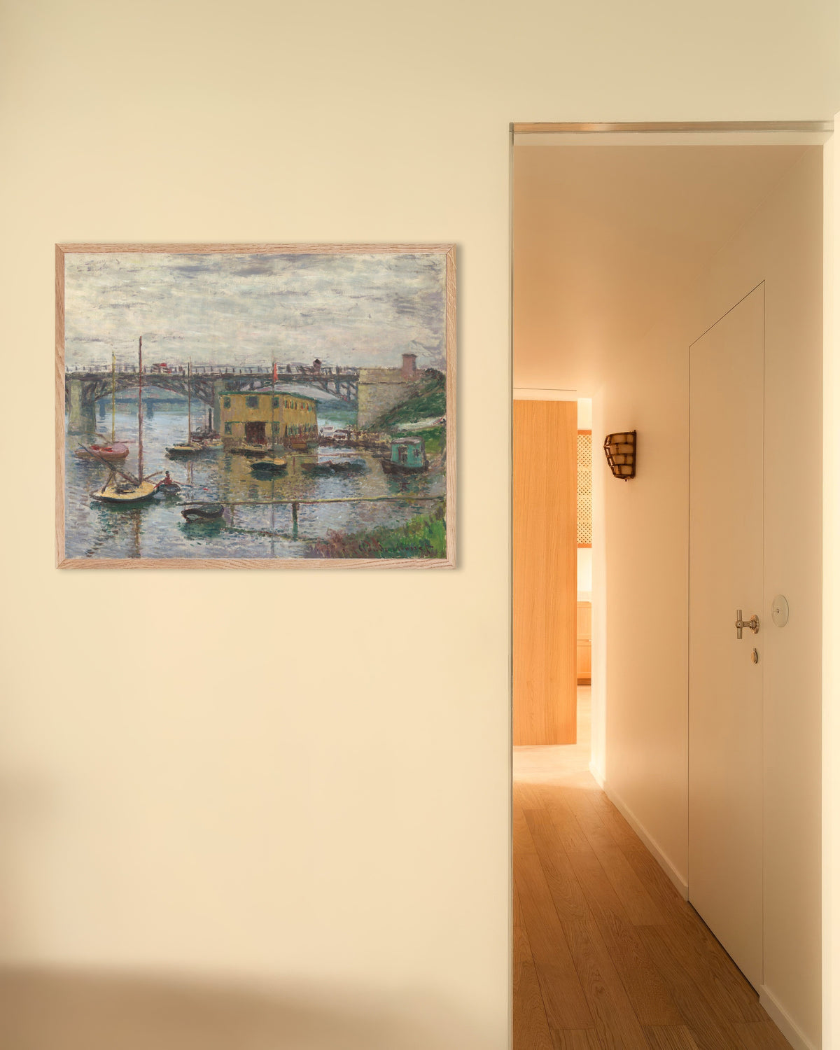 Poster of The Bridge at Argenteuil on a Gray Day (c. 1876) by Claude Monet, with natural wooden frame