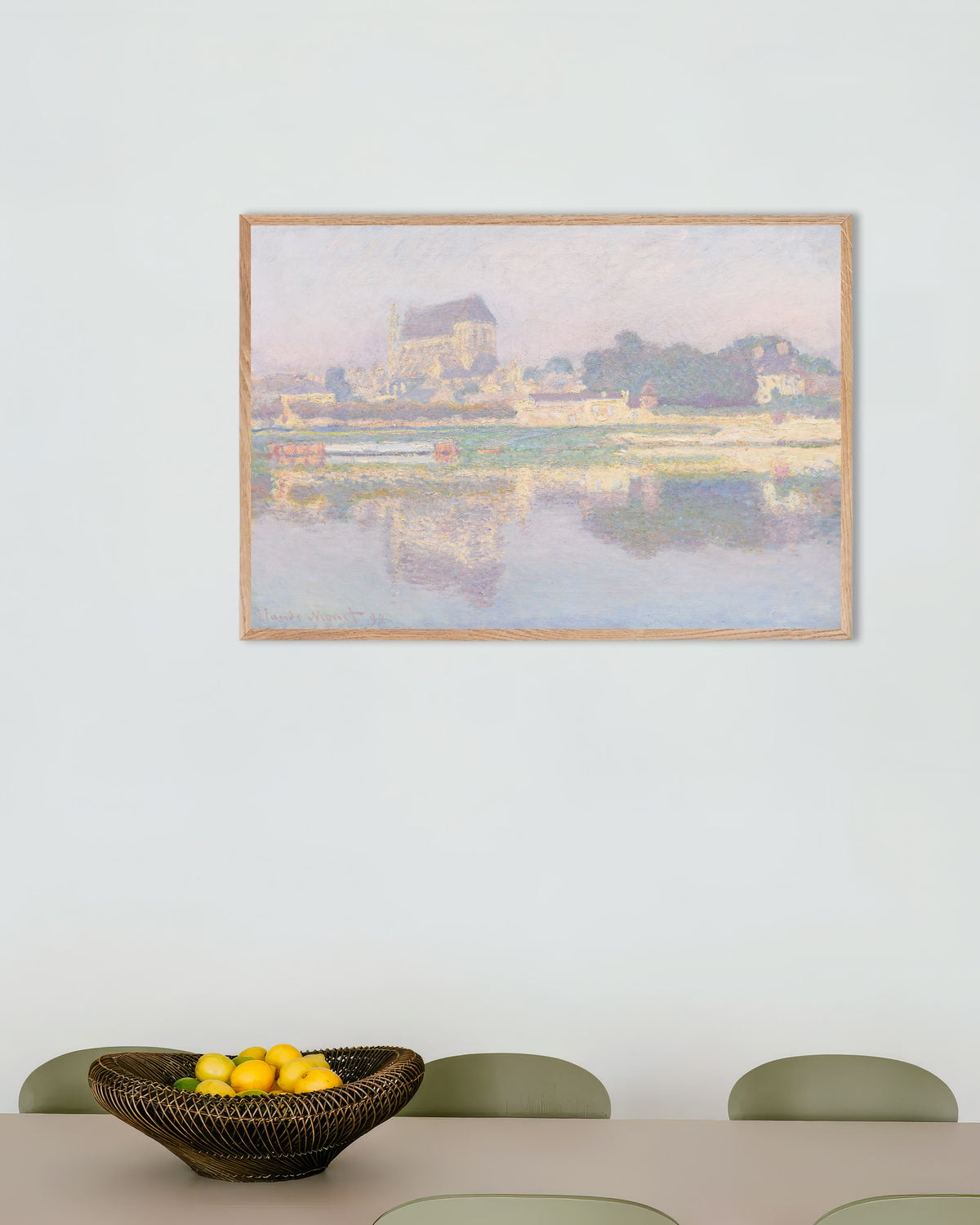 Poster of The Church at Vernon, Sun (1894) by Claude Monet, with natural wooden frame